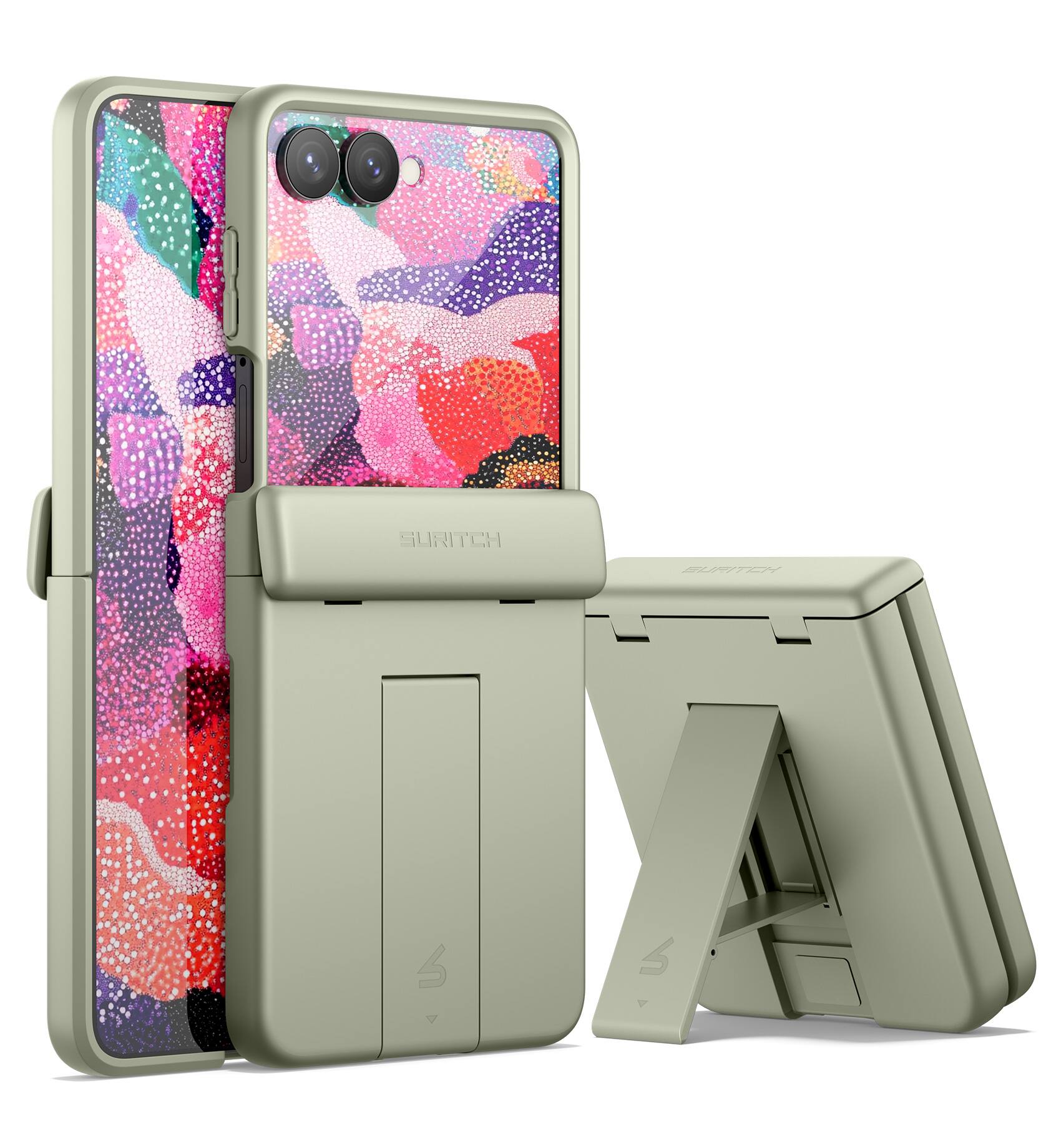 Angle. SURITCH - Slim Case for Samsung Galaxy Z Flip 8 with Hinge Protection & Kickstand & Screen Protector, Shockproof Bumper Cover - Khaki Green.