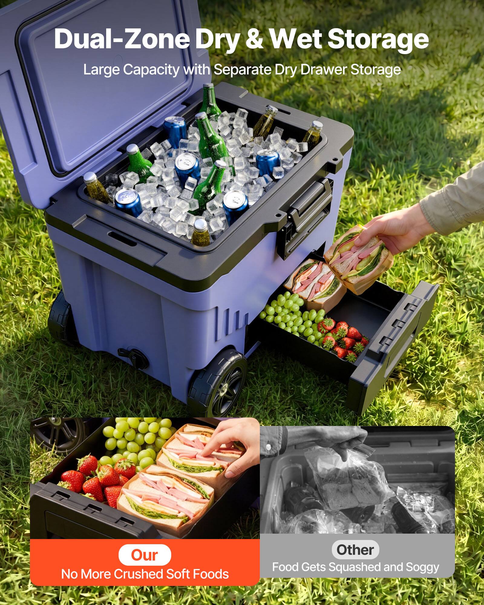 Dual-Zone Dry & Wet Storage  
Large Capacity with Separate Dry Drawer Storage  

Our  
No More Crushed Soft Foods  

Other  
Food Gets Squashed and Soggy