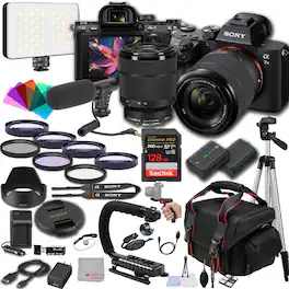 Bundle - Sony - a7 III Mirrorless Digital Camera 24MP w/ 28-70mM Lens, 128GB Extreme Memory, Microphone, 120LED Video Light + More - Black