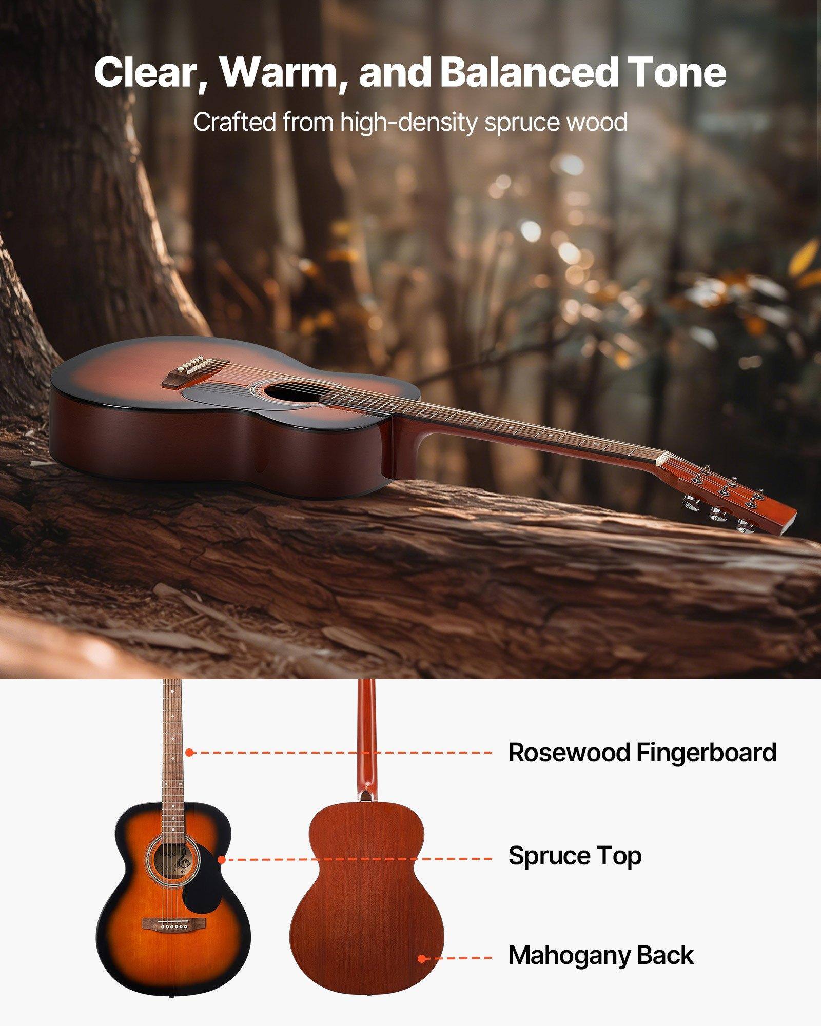 Clear, Warm, and Balanced Tone  
Crafted from high-density spruce wood  

- Rosewood Fingerboard  
- Spruce Top  
- Mahogany Back