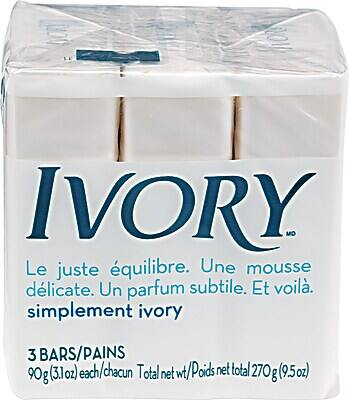 IVORY  
Le juste équilibre. Une mousse délicate. Un parfum subtile. Et voilà. simplement ivory  

3 BARS/PAINS  
90g (3.1oz) each/chacun  
Total net wt/Poids net total 270g (9.5oz)