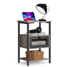Oumilen - 3-Tier End Table with Charging Station and Flip Door Cabinet - Gray