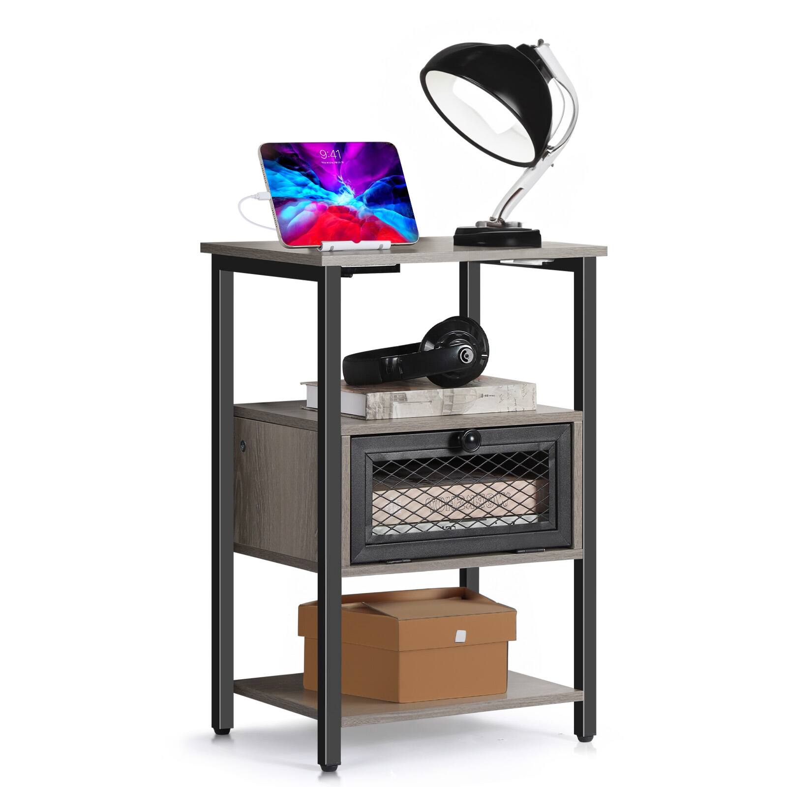 Front. Oumilen - 3-Tier End Table with Charging Station and Flip Door Cabinet - Gray.