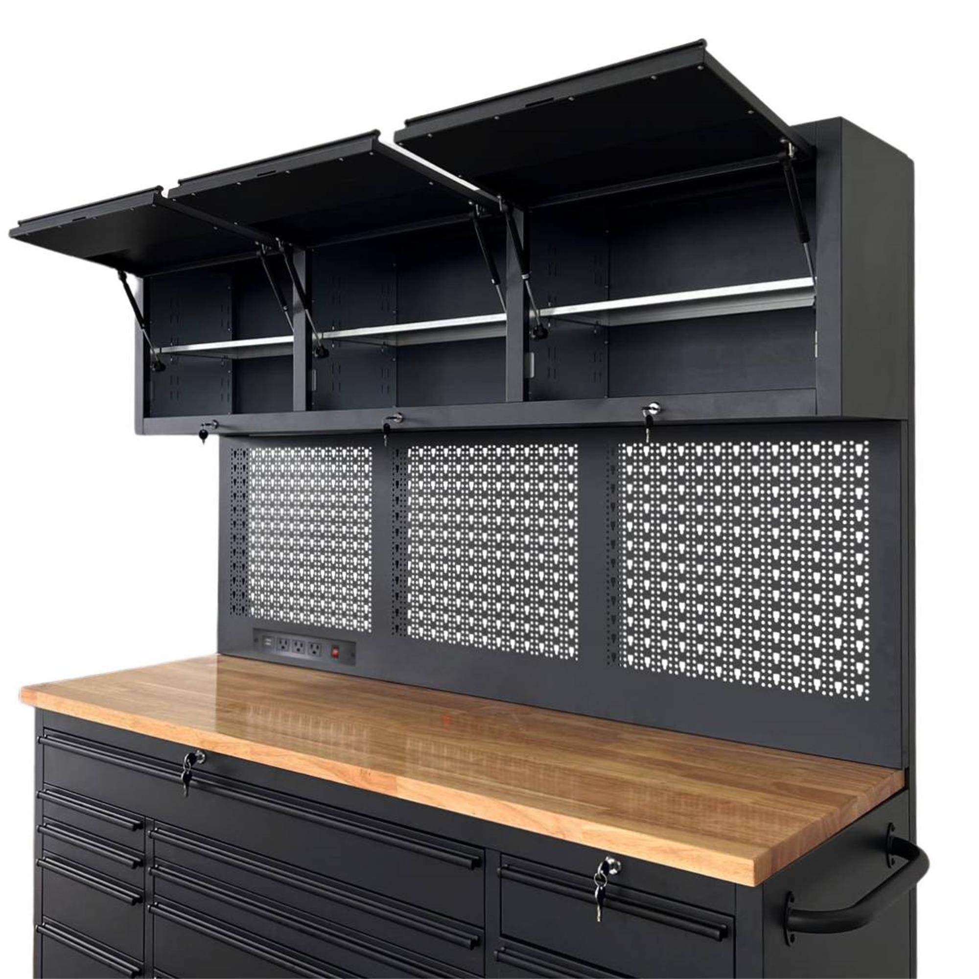 Alt View 4. Boyel Living - Overhead Pro 72 inch Rolling Tool Chest 79 inch Tall 14 Drawers 3 Overhead Cabinets Pegboard Power Strip.