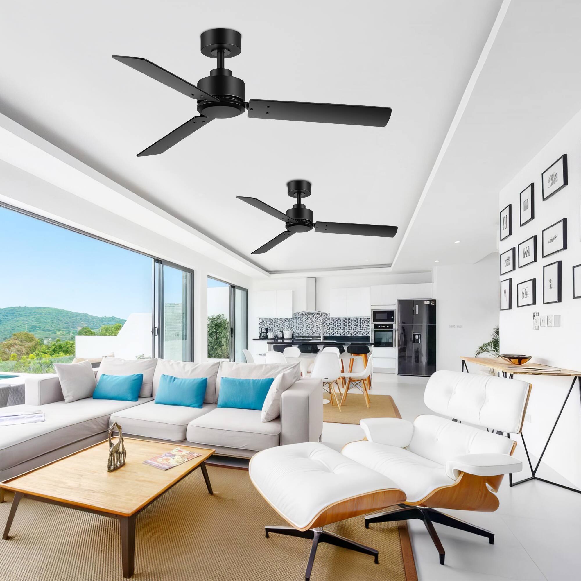 Alt View 1. Breezary - 48-Inch Indoor Ceiling Fan with 3 Plywood Blades, DC Motor, 6-Speed Remote, 5'' Downrod,  Light/No Light, 1 or 2-Pack - Black-2 Pack (Without Light).