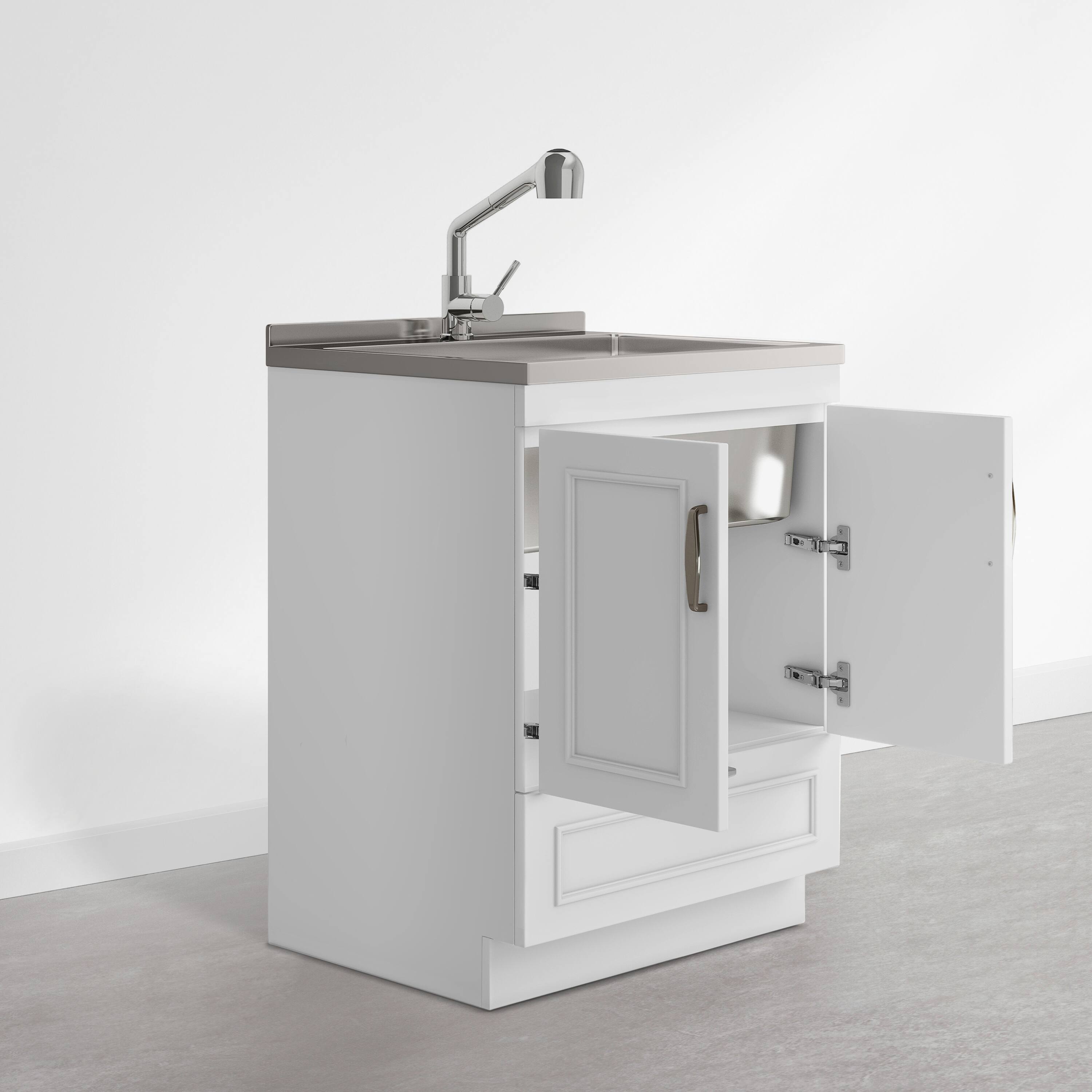Left. Simpli Home - Cardinal 28 inch Wide Utility Sink and Laundry Cabinet, Glacier White Finish - Glacier White.