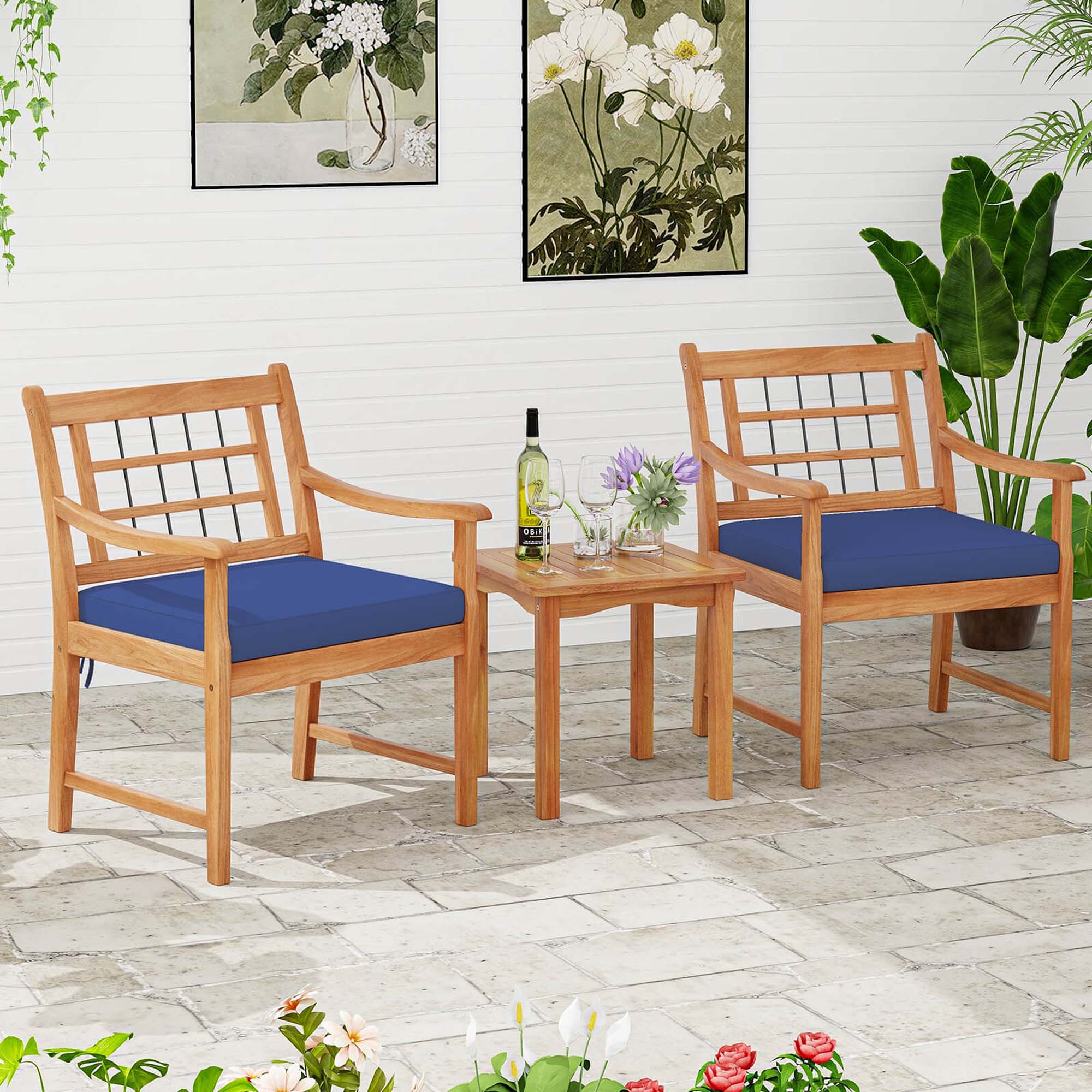 Alt View 4. Costway - 3 PCS Acacia Wood Patio Bistro Set Outdoor Chairs with Coffee Table for Porch - Navy,Natural.