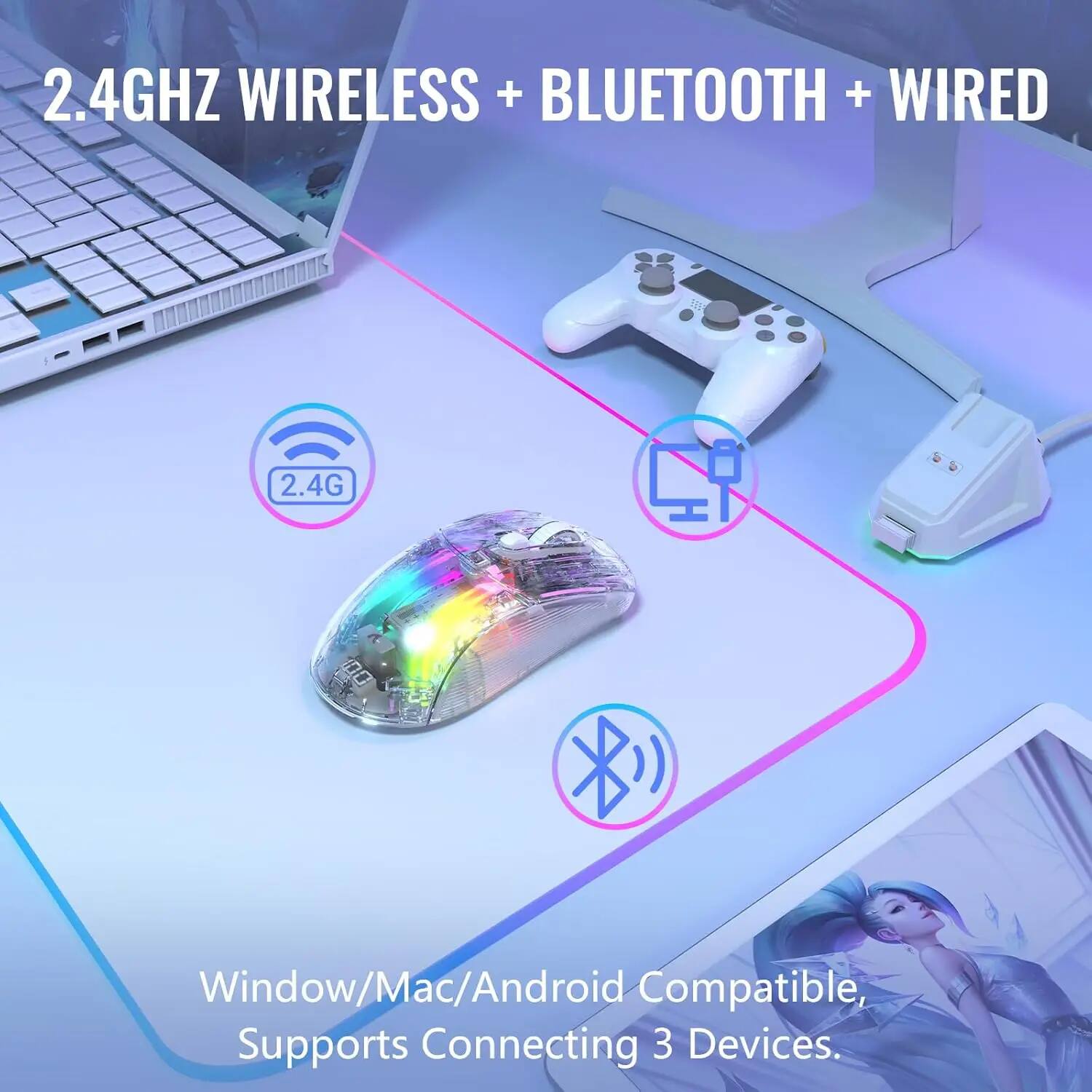 2.4GHz Wireless + Bluetooth + Wired  
Window/Mac/Android Compatible, Supports Connecting 3 Devices.