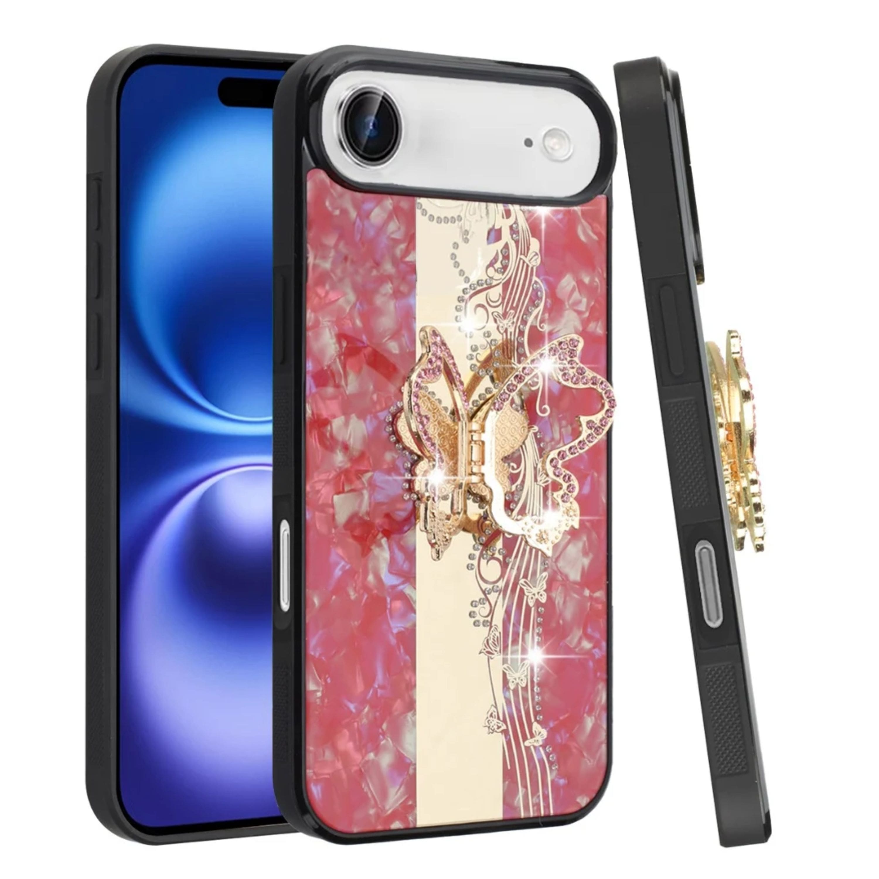 Kitcheniva - Enchanted Butterfly Design Rhinestone Glitter Phone Case With Tempered Glass For iPhone Air - Red price history on PriceWatchPro