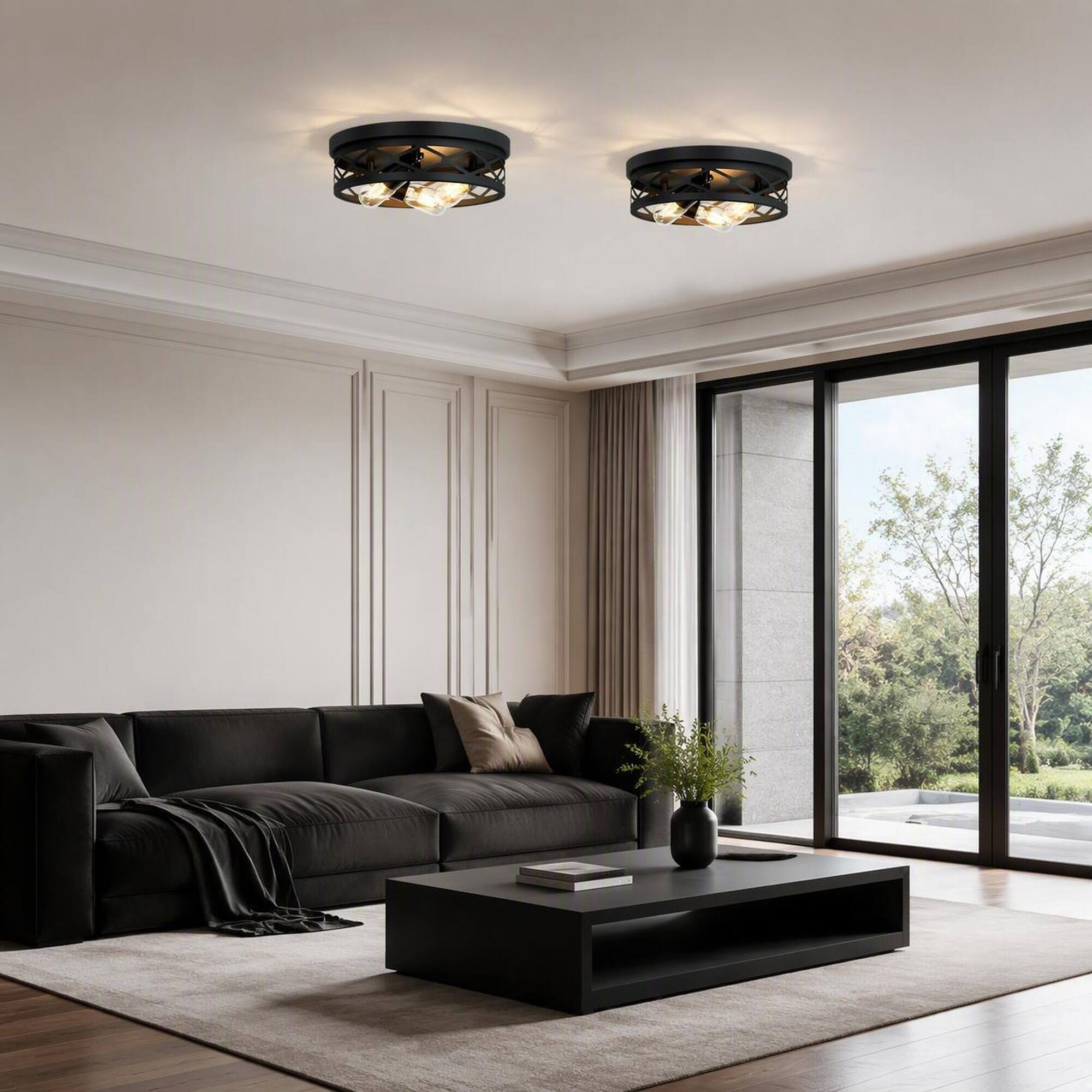 Angle. RYHNUYNE - 2-Pack Round Matte Black Flush Mount Ceiling Light – 3-Light Industrial Cage Fixture for Hallway, Kitchen, Bedroom.