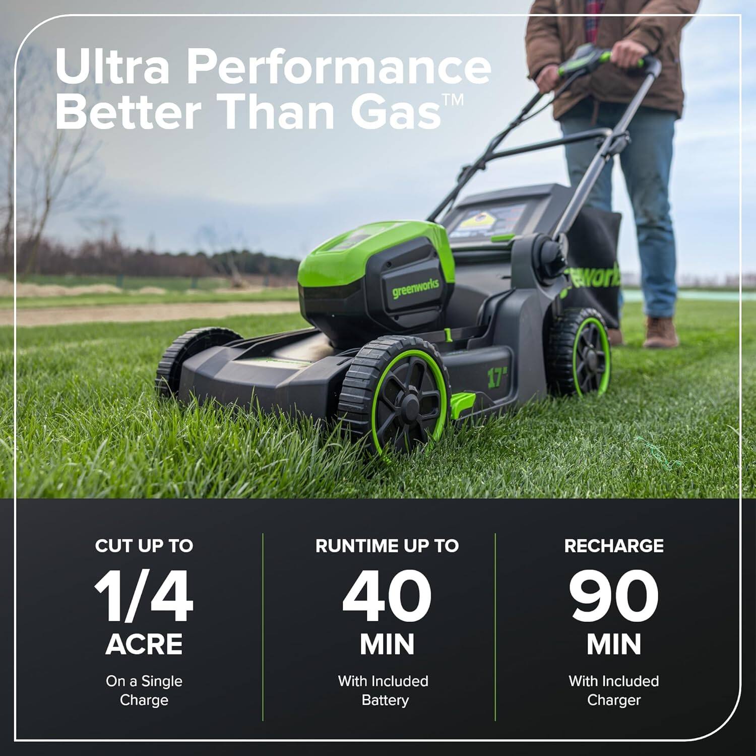 Ultra Performance™ Better Than Gas™

- CUT UP TO 1/4 ACRE On a Single Charge
- RUNTIME UP TO 40 MIN With Included Battery
- RECHARGE 90 MIN With Included Charger