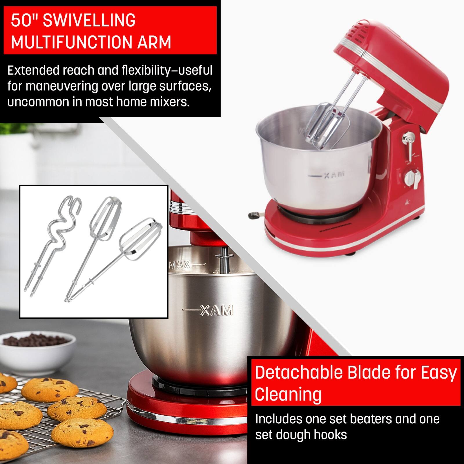50" SWIVELLING MULTIFUNCTION ARM  
Extended reach and flexibility—useful for maneuvering over large surfaces, uncommon in most home mixers.  

Detachable Blade for Easy Cleaning  
Includes one set beaters and one set dough hooks