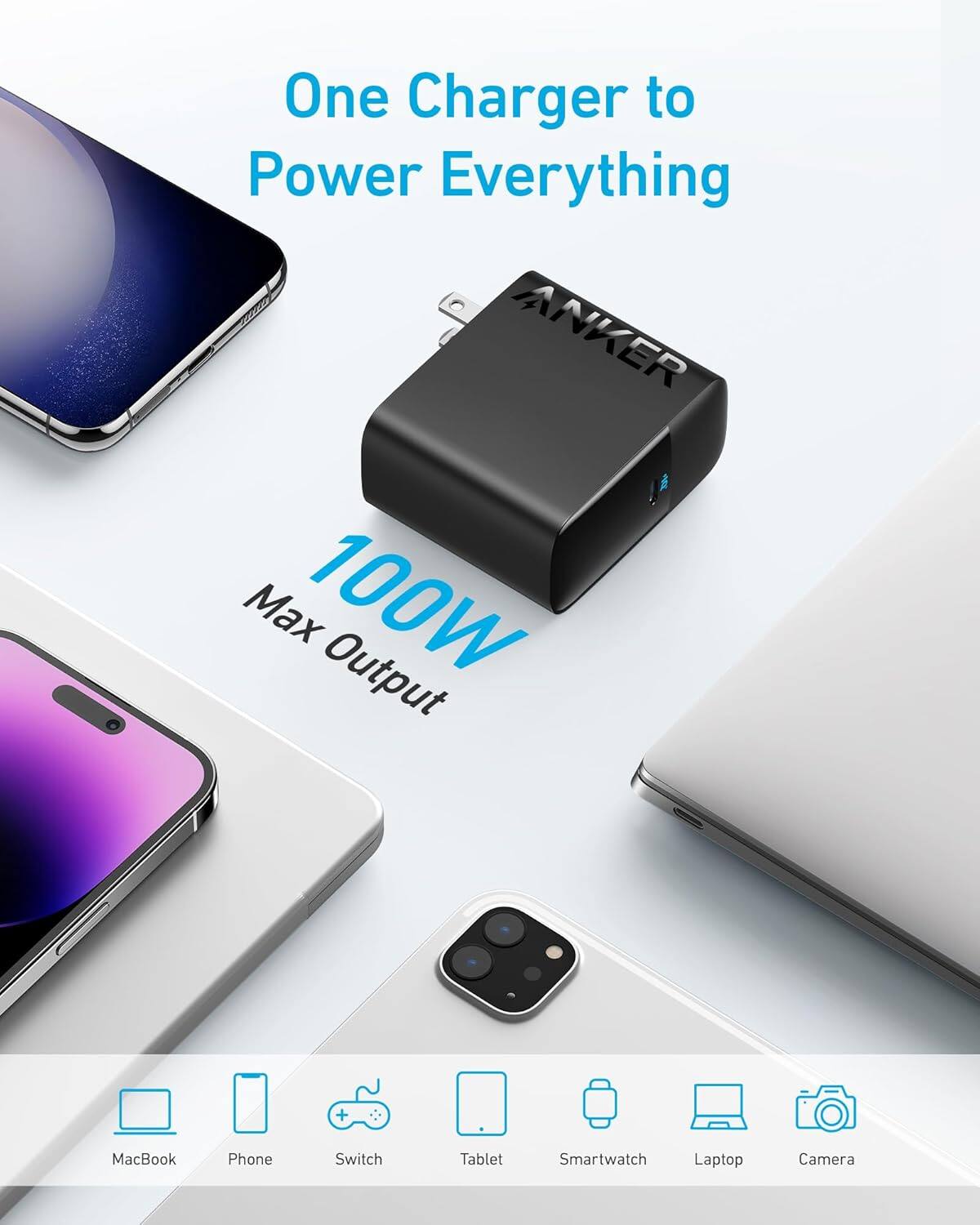 One Charger to Power Everything

ANKER Max 100W Output

MacBook, Phone, Switch, Tablet, Smartwatch, Laptop, Camera