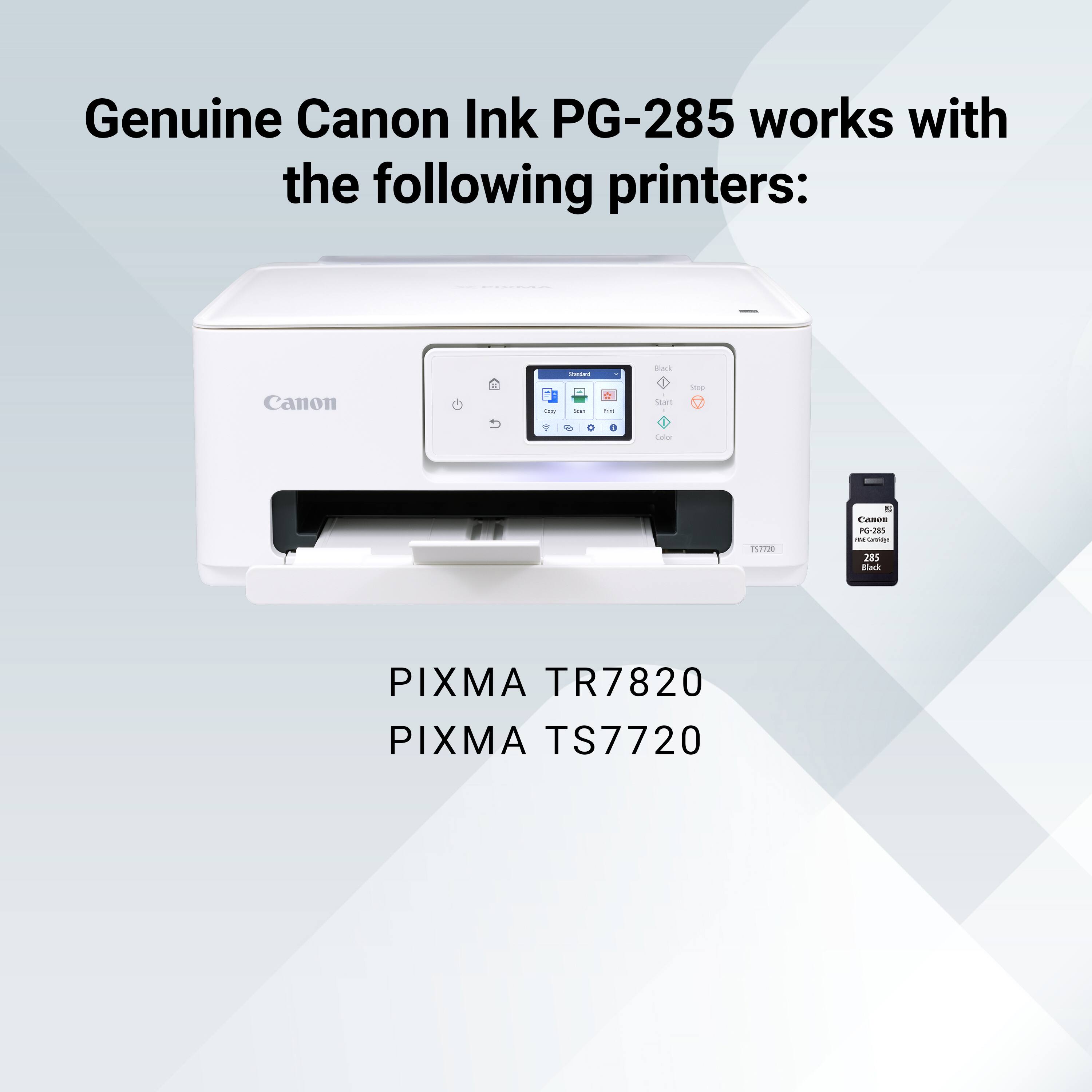 Genuine Canon Ink PG-285 works with the following printers: Canon PIXMA TR7820 and PIXMA TS7720.