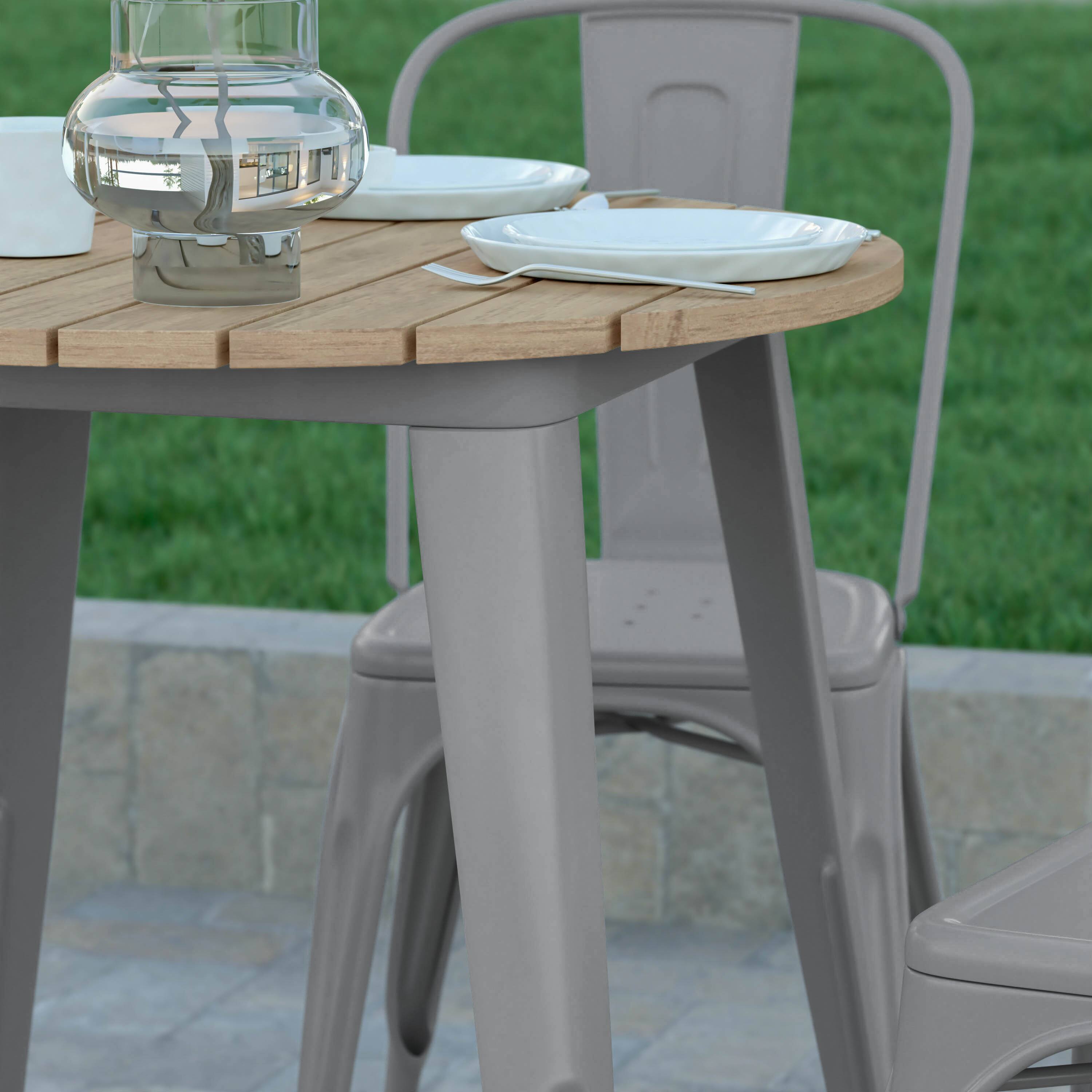 Alt View 4. Emma + Oliver - Drew Indoor/Outdoor Dining Table, 30" Round All Weather Poly Resin Top with Steel Base - Brown Top/Silver Frame.