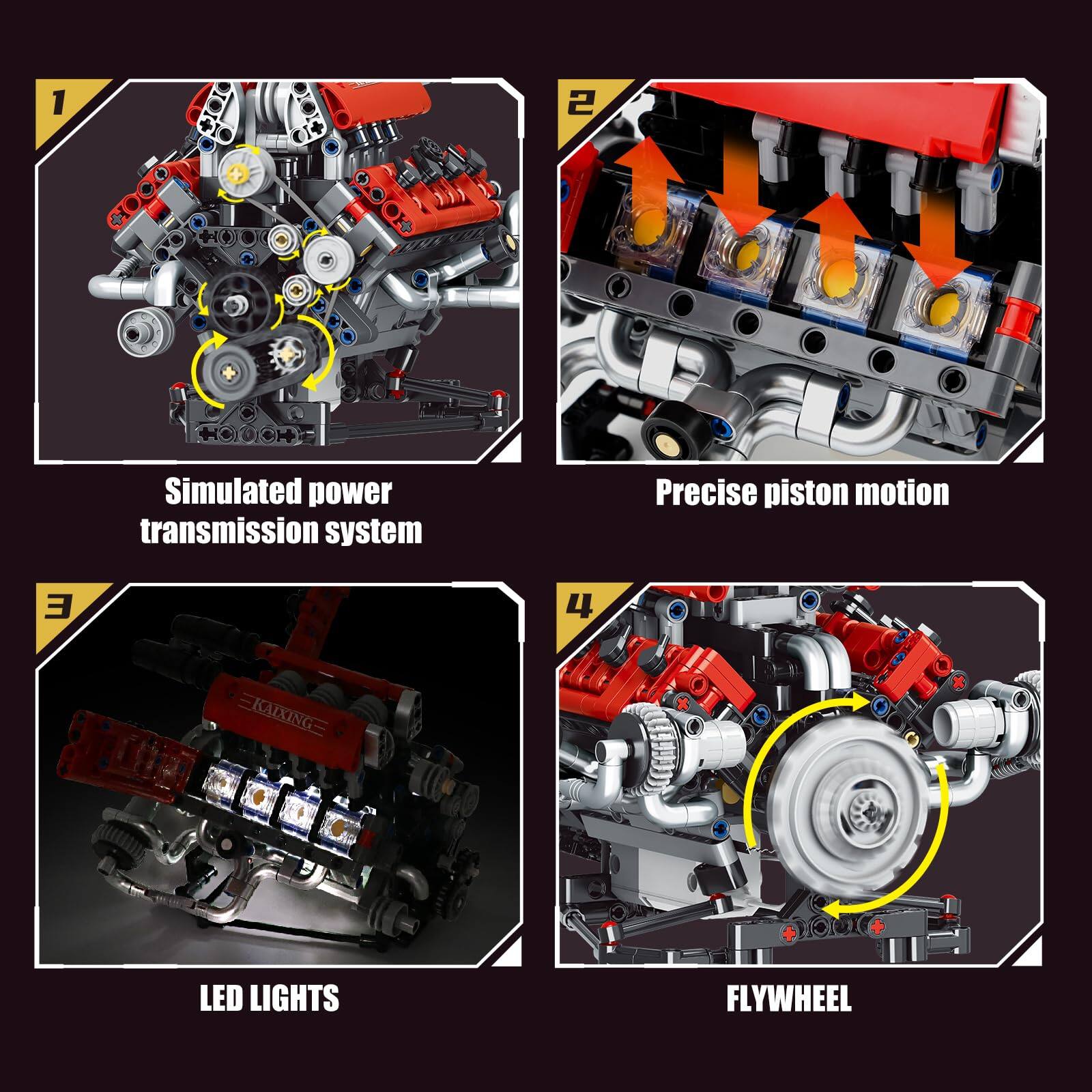 1. Simulated power transmission system  
2. Precise piston motion  
3. LED lights  
4. Flywheel