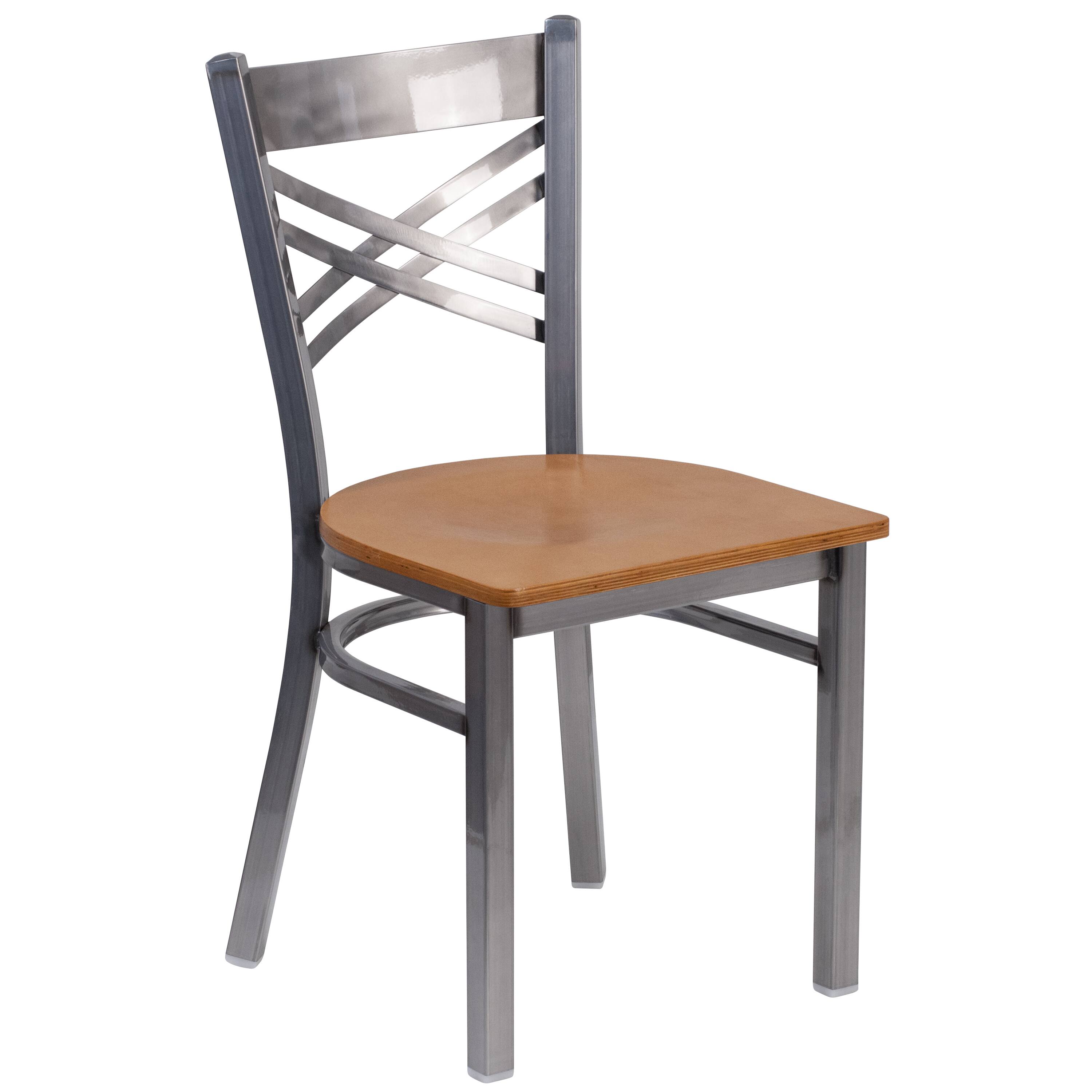 Alt View 7. Emma + Oliver - 2 Pack Clear Coated "X" Back Metal Restaurant Chair - Natural Wood Seat/Clear Coated Metal Frame.
