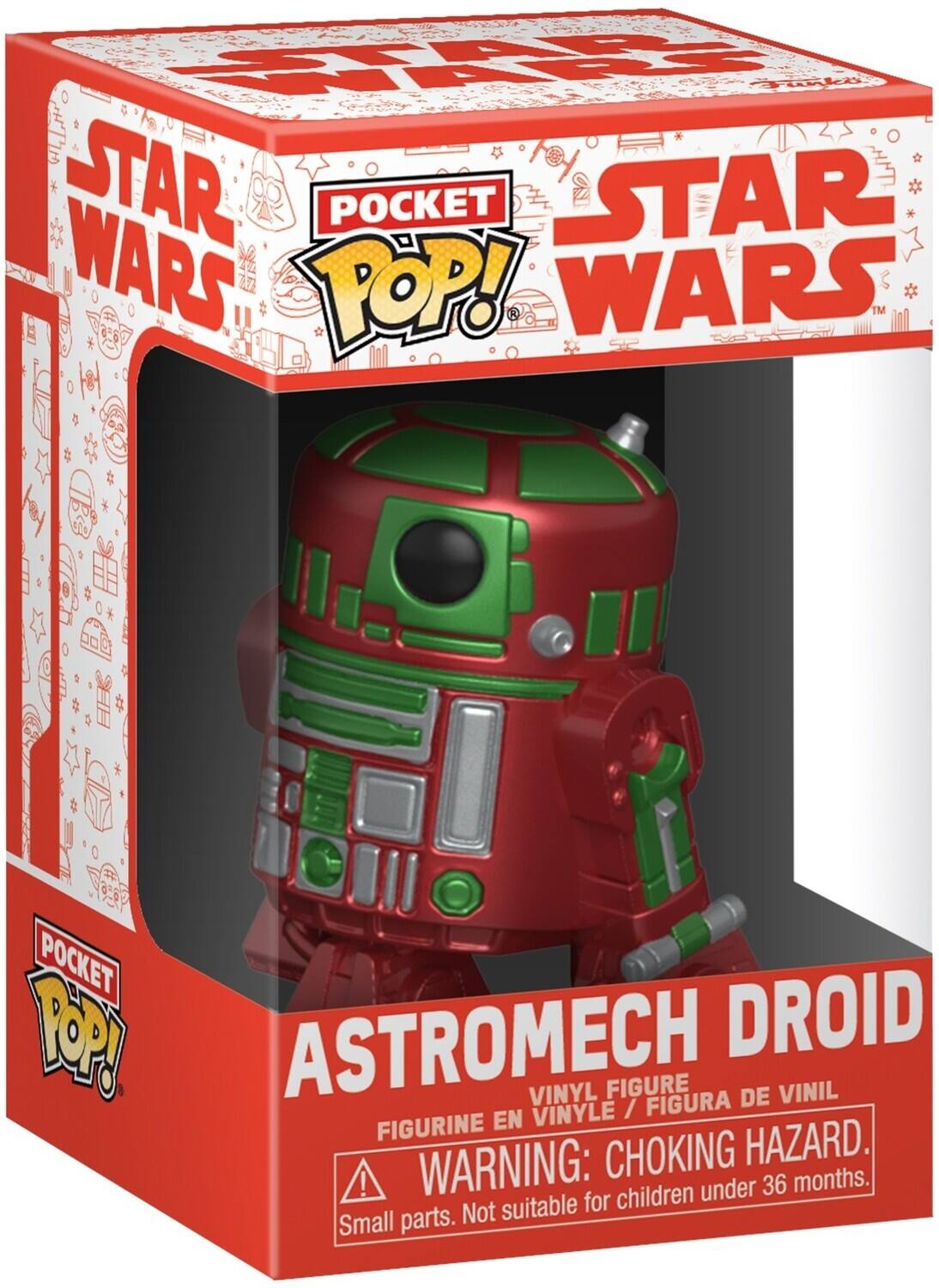 Sure, here is the corrected and grouped text from the image:

---

**STAR WARS**

**POCKET POP!**

**ASTROMECH DROID**

VINYL FIGURE / FIGURINE EN VINYLE / FIGURA DE VINIL

**WARNING: CHOKING HAZARD.**  
Small parts. Not suitable for children under 36 months.

---

This text is from the packaging of a Star Wars Pocket Pop! vinyl figure.