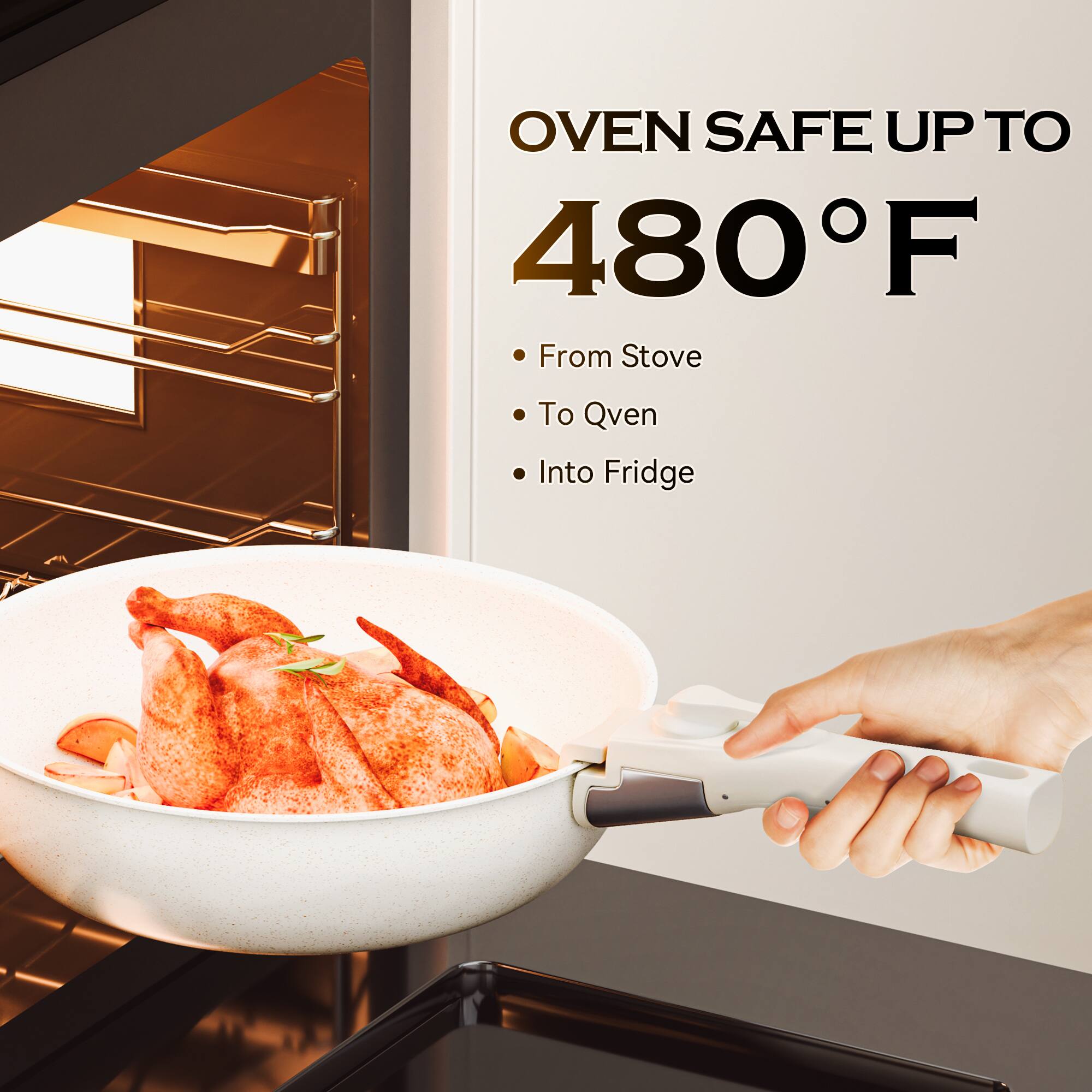 The corrected text is: "OVEN SAFE UP TO 480°F From Stove To Oven Into Fridge."