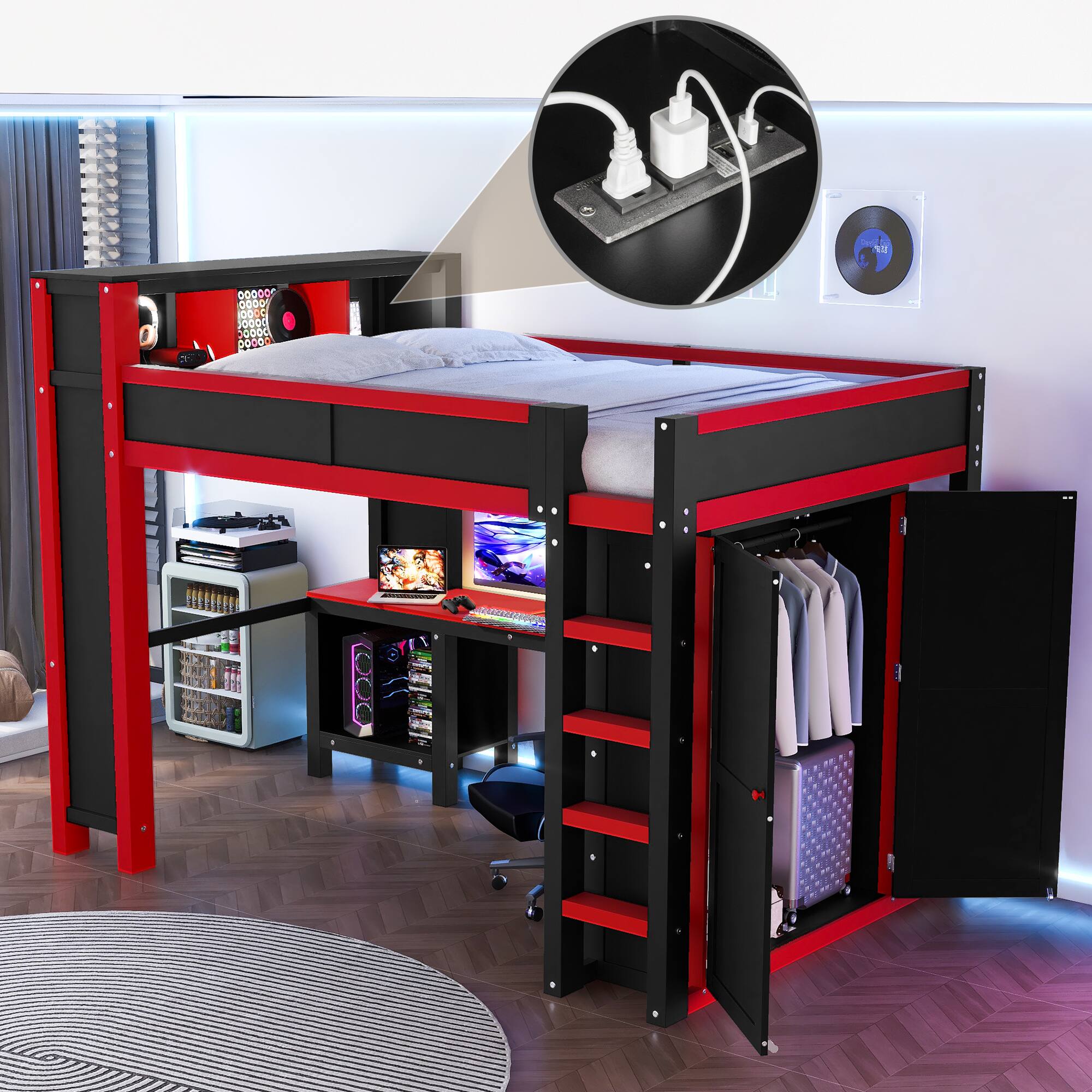 Alt View 3. Whisen - Queen Gaming Loft Bed with Desk, Wardrobe, and Storage Headboard, Space-Saving Workstation - Red|Black.