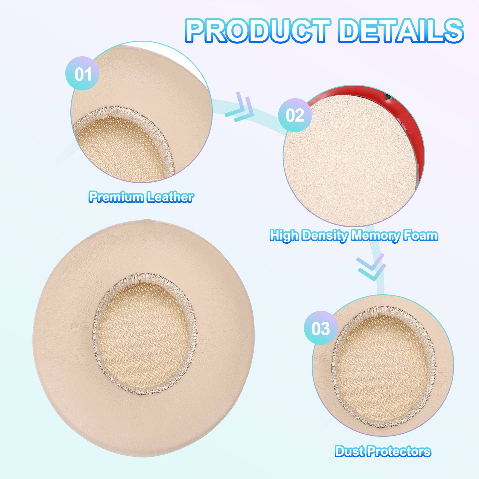 PRODUCT DETAILS

01 Premium Leather  
02 High Density Memory Foam  
03 Dust Protectors