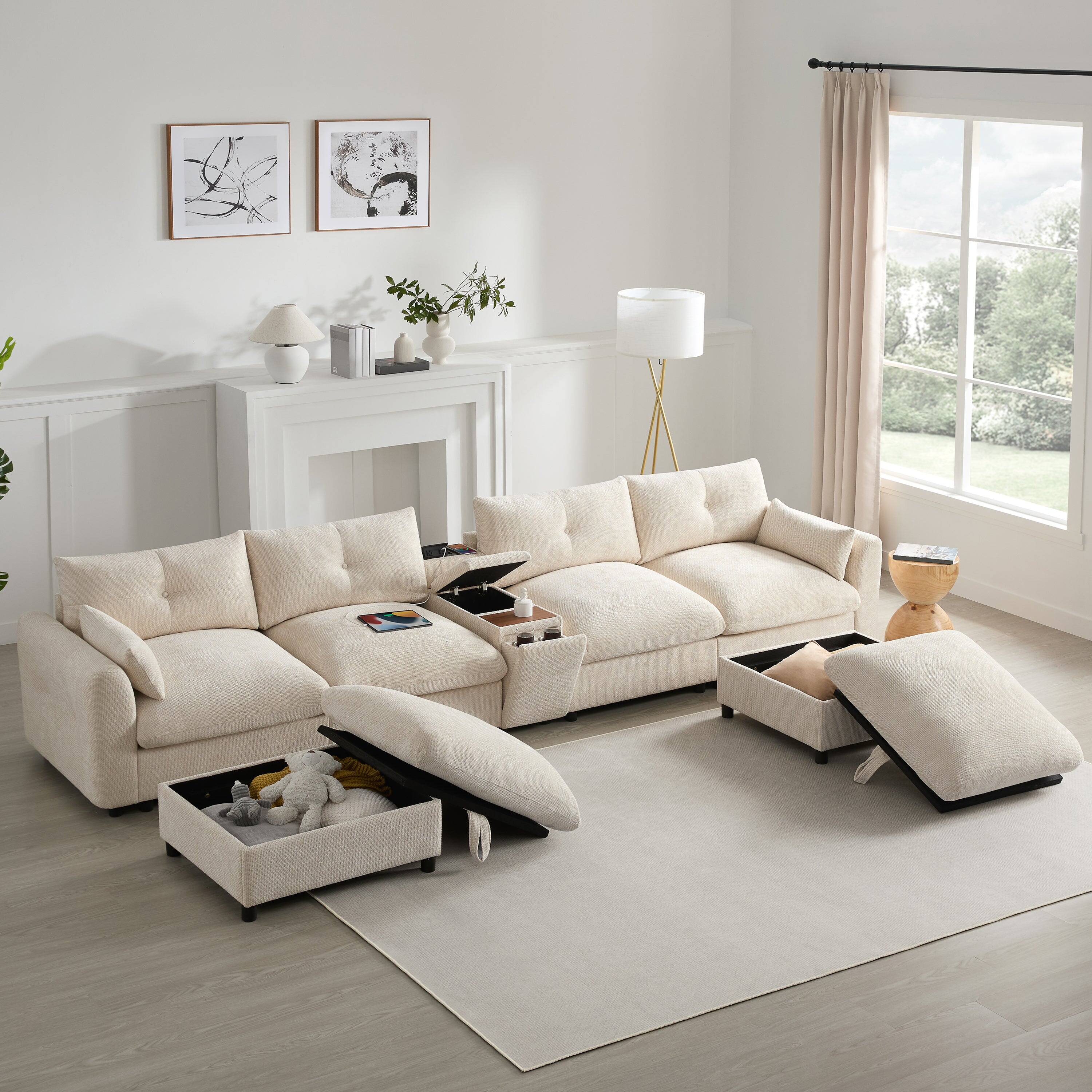Alt View 1. Boyel Living - Modular Sectional Sofa Pull-line&Tufted Design USB Charger Movable Storage Ottoman Beige Chenille - Beige.