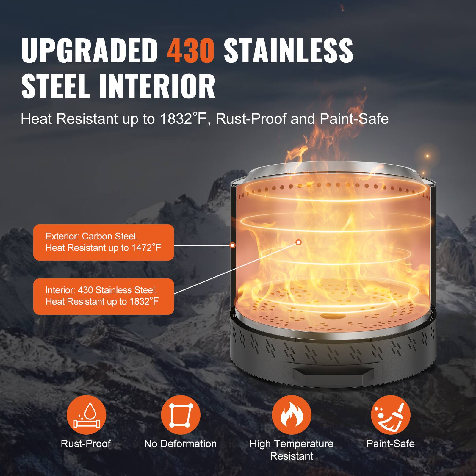 UPGRADED 430 STAINLESS STEEL INTERIOR  
Heat Resistant up to 1832°F, Rust-Proof and Paint-Safe Exterior.  
Carbon Steel, Heat Resistant up to 1472°F  
Interior: 430 Stainless Steel, Heat Resistant up to 1832°F  
Rust-Proof, No Deformation, High Temperature Resistant, Paint-Safe