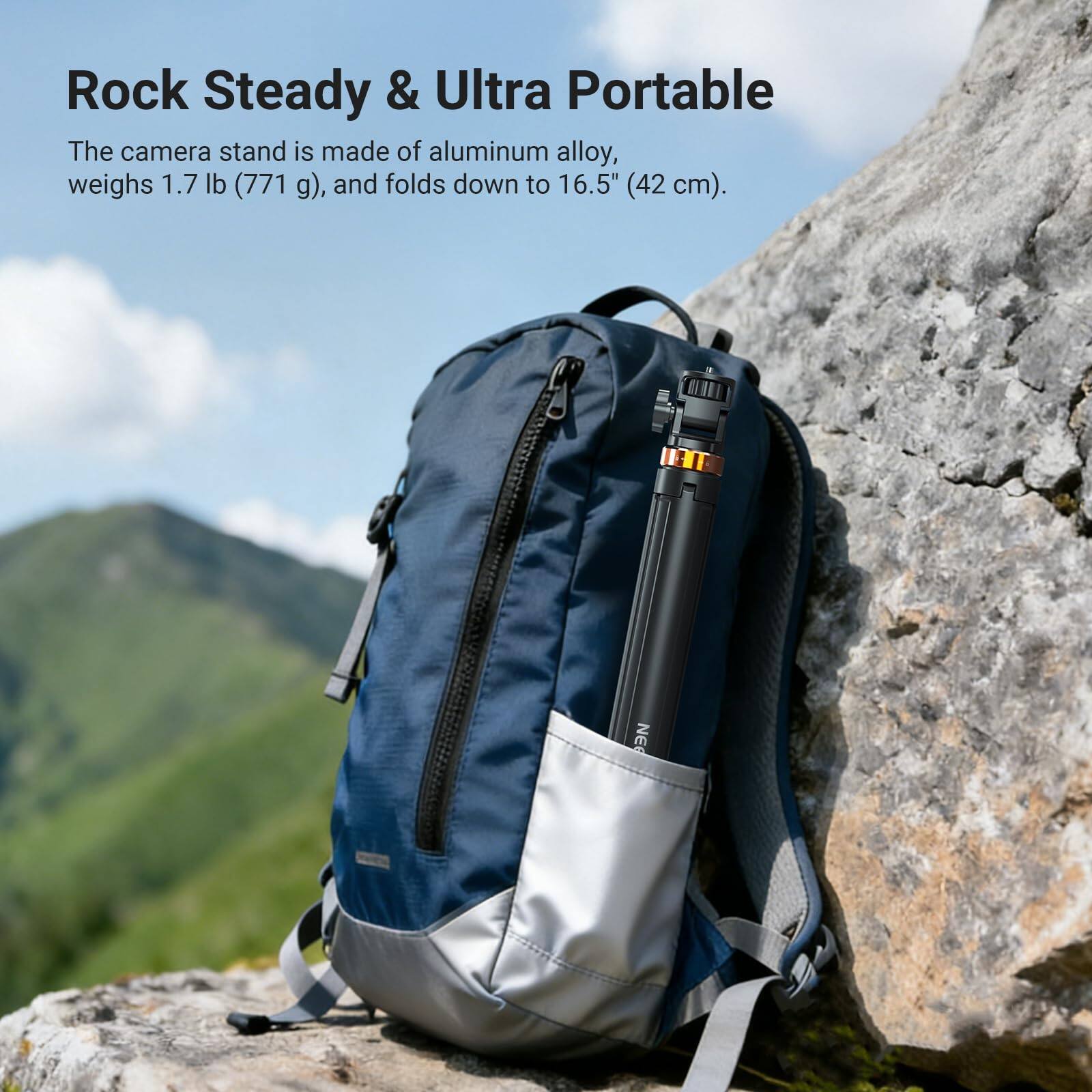 Rock Steady & Ultra Portable

The camera stand is made of aluminum alloy, weighs 1.7 lb (771 g), and folds down to 16.5" (42 cm).