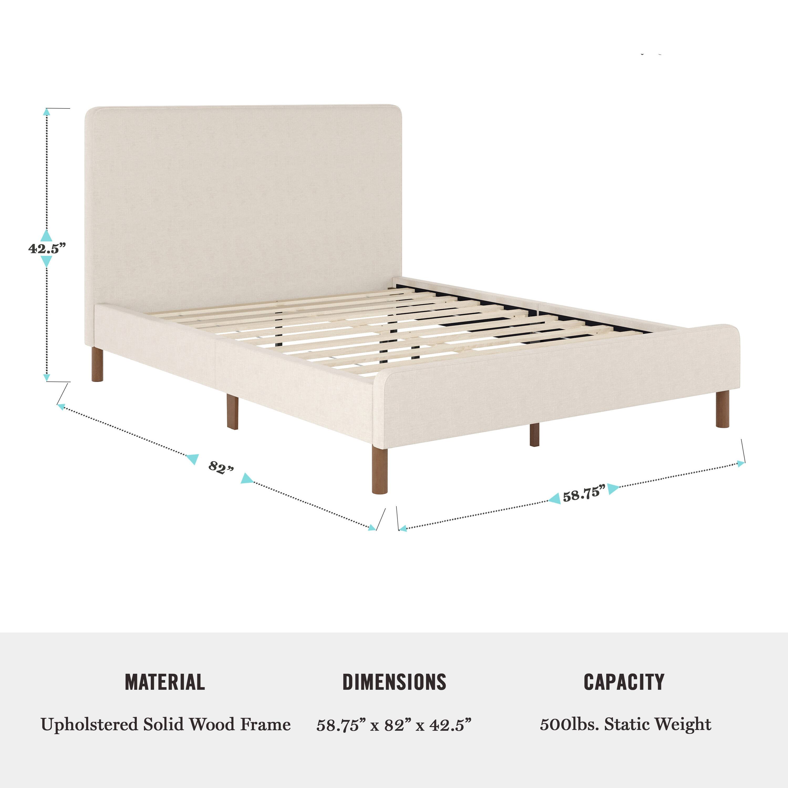 The image shows a bed frame with a wooden headboard and footboard. The bed frame is made of upholstered solid wood and has dimensions of 58.75" x 82" x 42.5". The bed frame has a capacity of 500 lbs. static weight.