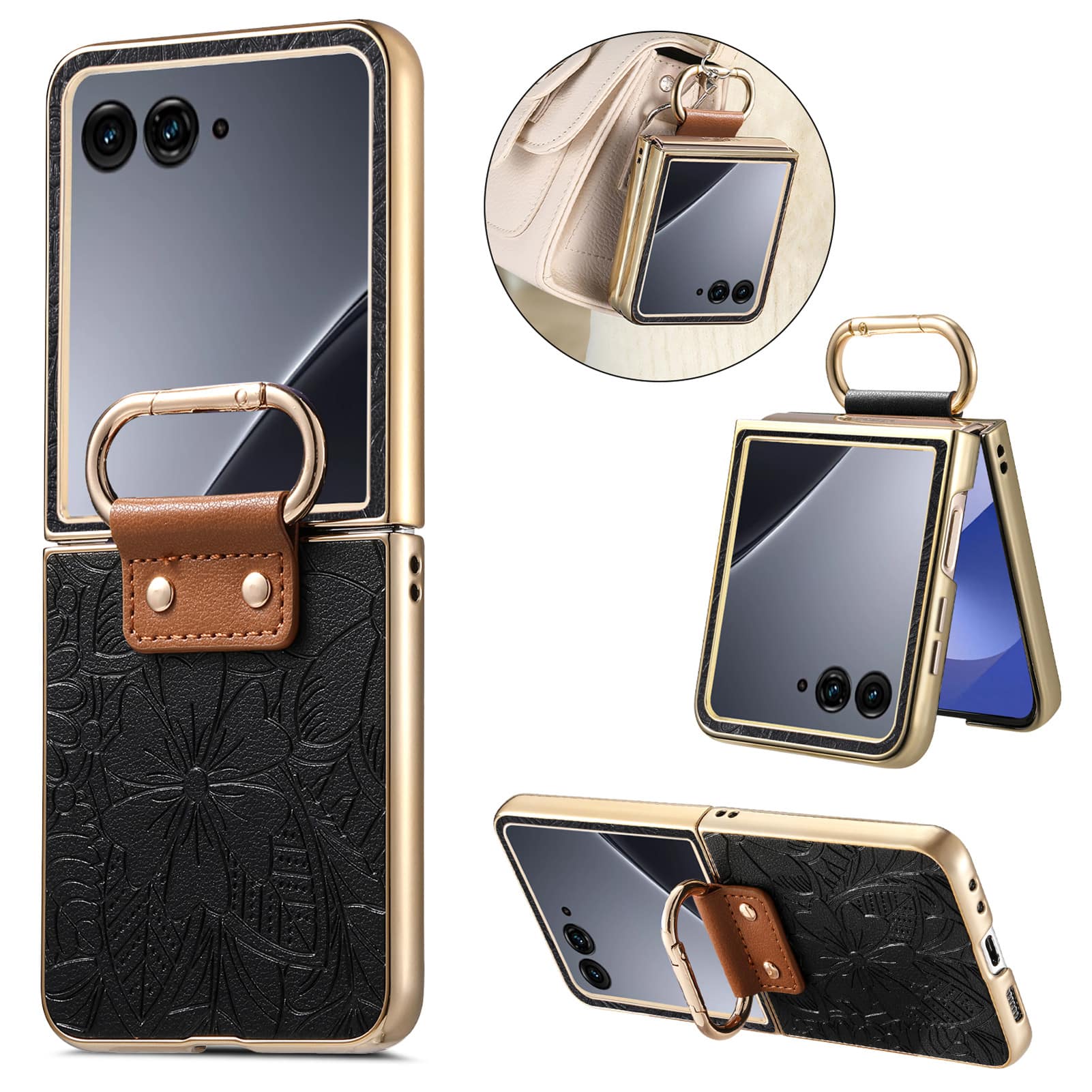 Dteck - Shockproof Floral Leather Texture Case for Motorola Razr+ (2024), Electroplated Rigid Plastic Cover with Ring Holder - Black price history on PriceWatchPro