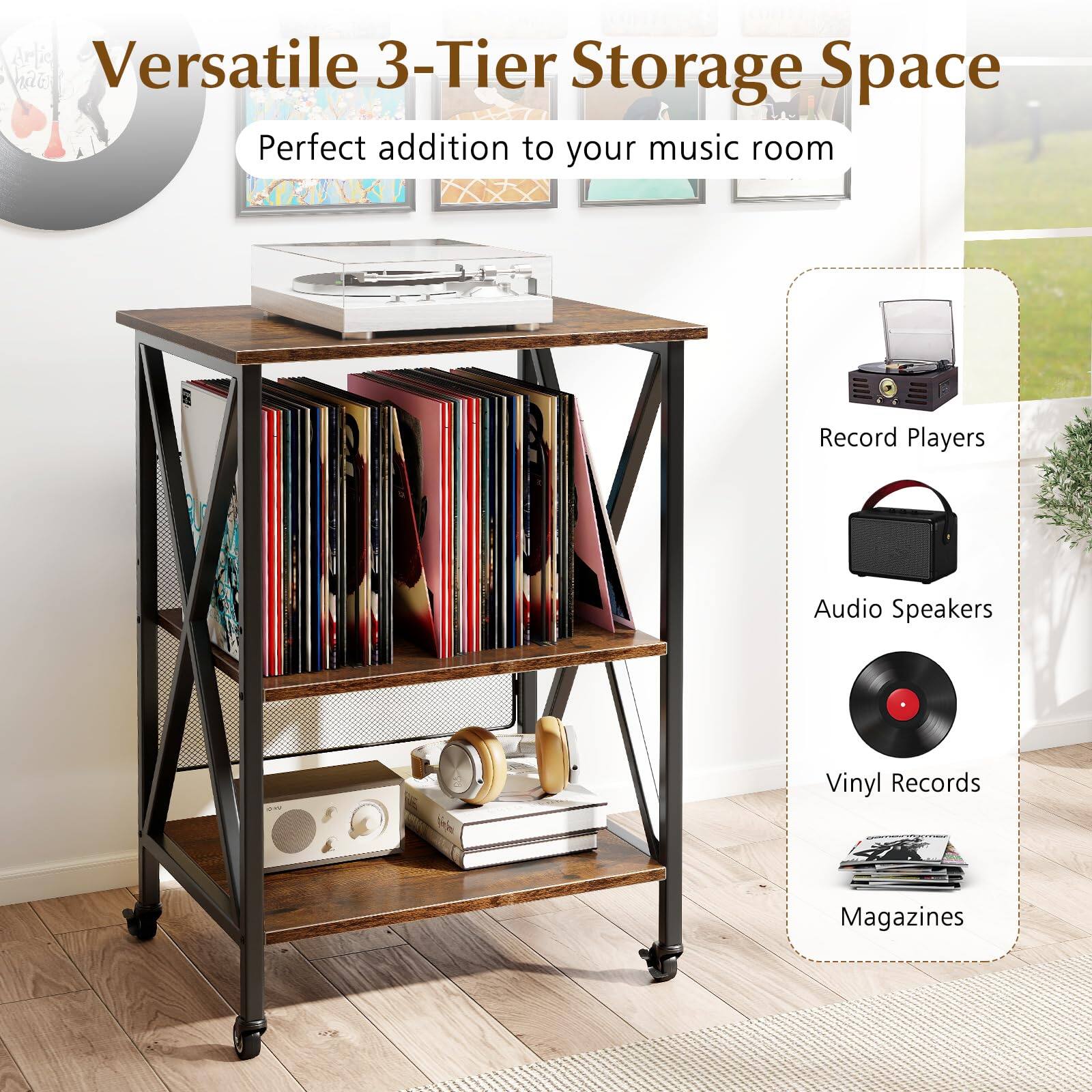 Versatile 3-Tier Storage Space  
Perfect addition to your music room  

Record Players  
Audio Speakers  
Vinyl Records  
Magazines