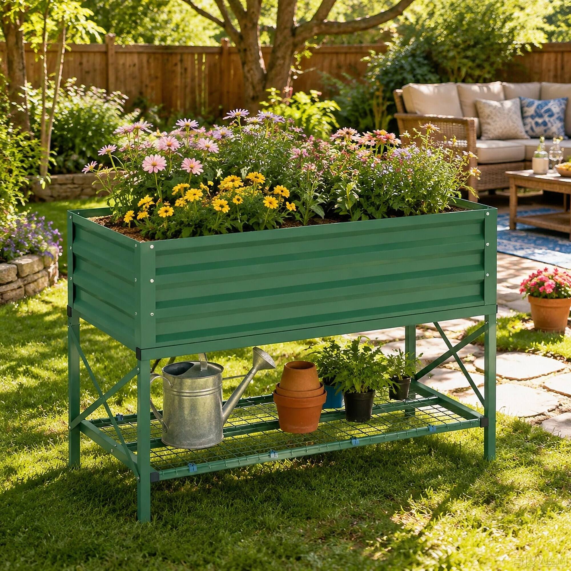 Alt View 2. RYHNUYNE - Galvanized Steel Raised Garden Bed with Legs, Storage Shelf and Liner, 41.75"L x 21.25"W x 30"H, Green - Green.