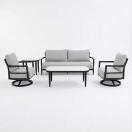 Mondawe - 5-Piece Outdoor Conversation Set with Swivel Chair, Bench Sofa, Marble-Inspired Tables and Sunbrella Cushions - Ember Black+Grey