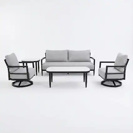 Front. Mondawe - 5-Piece Outdoor Conversation Set with Swivel Chair, Bench Sofa, Marble-Inspired Tables and Sunbrella Cushions - Ember Black+Grey.