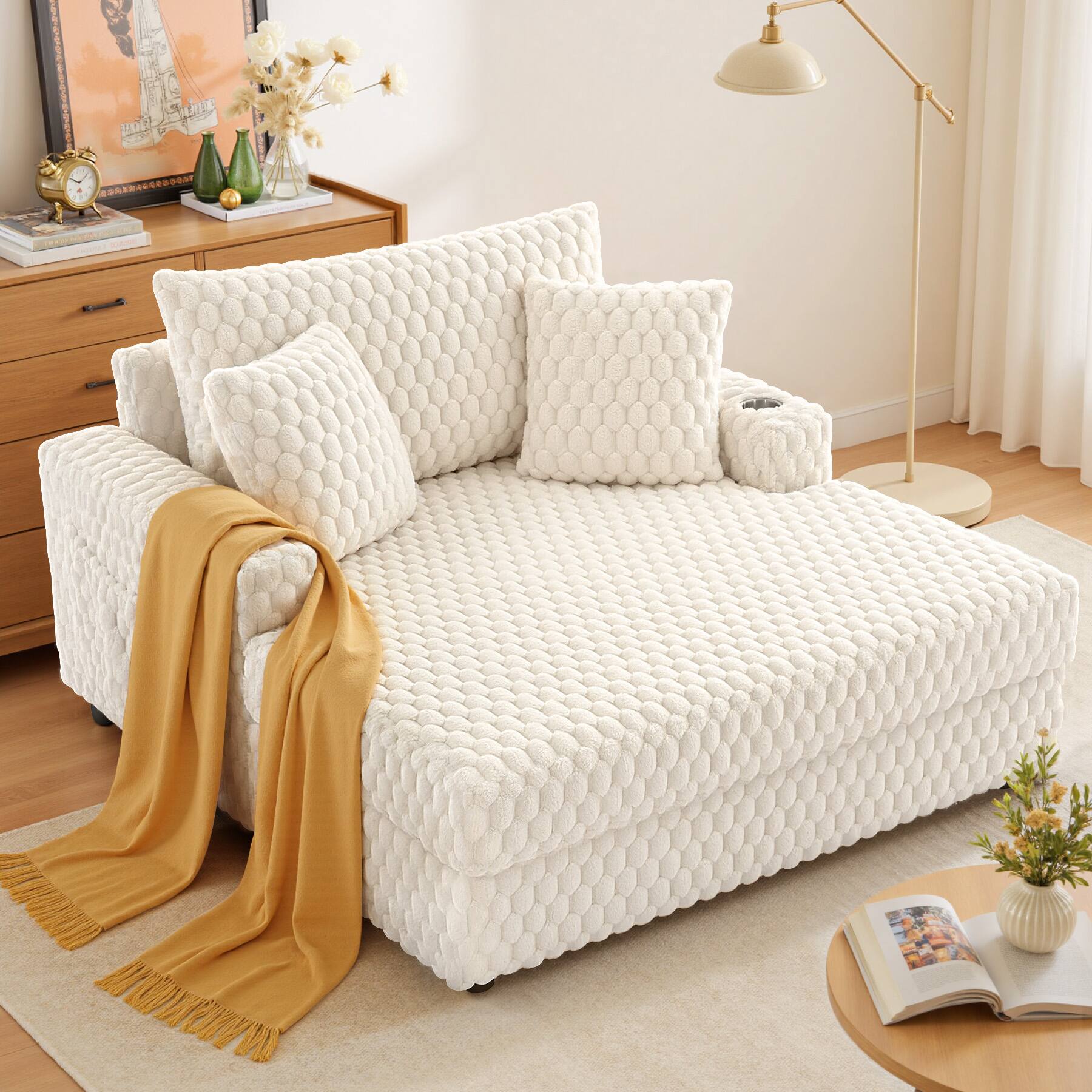 Alt View 6. KERDOM - Chaise Lounge Chair Daybed Fluffy Reading Sofa Bed with 3 Pillows & Wide Armrest, Modern Sleeper Couch Plush Chair Bed - White.