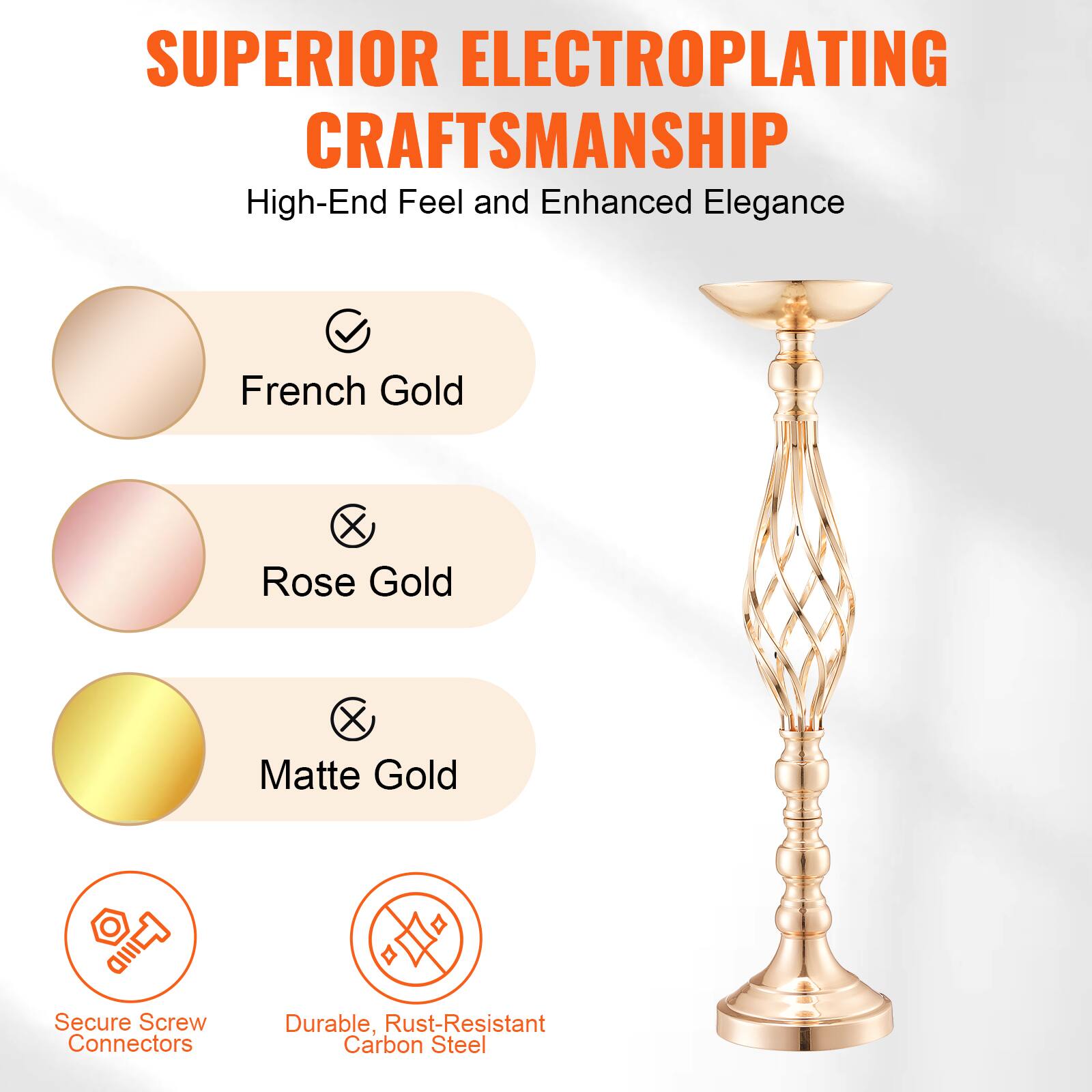 SUPERIOR ELECTROPLATING CRAFTSMANSHIP  
High-End Feel and Enhanced Elegance  

- French Gold  
- Rose Gold  
- Matte Gold  

Secure Screw Connectors  
Durable, Rust-Resistant Carbon Steel
