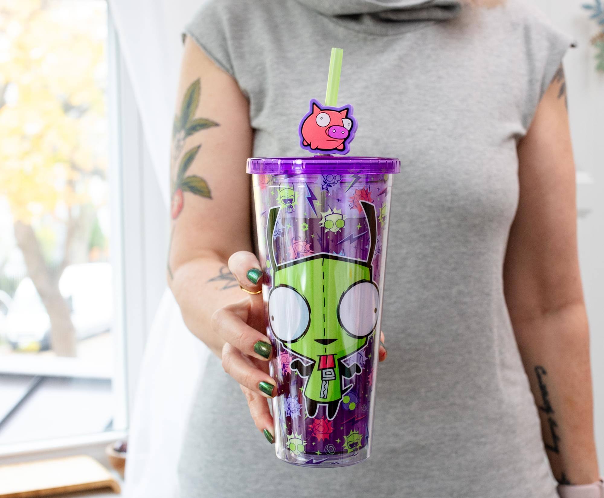 Alt View 5. Silver Buffalo - Invader Zim GIR Plastic Carnival Cup With Lid and Straw Topper | Holds 24 Ounces - Purple.