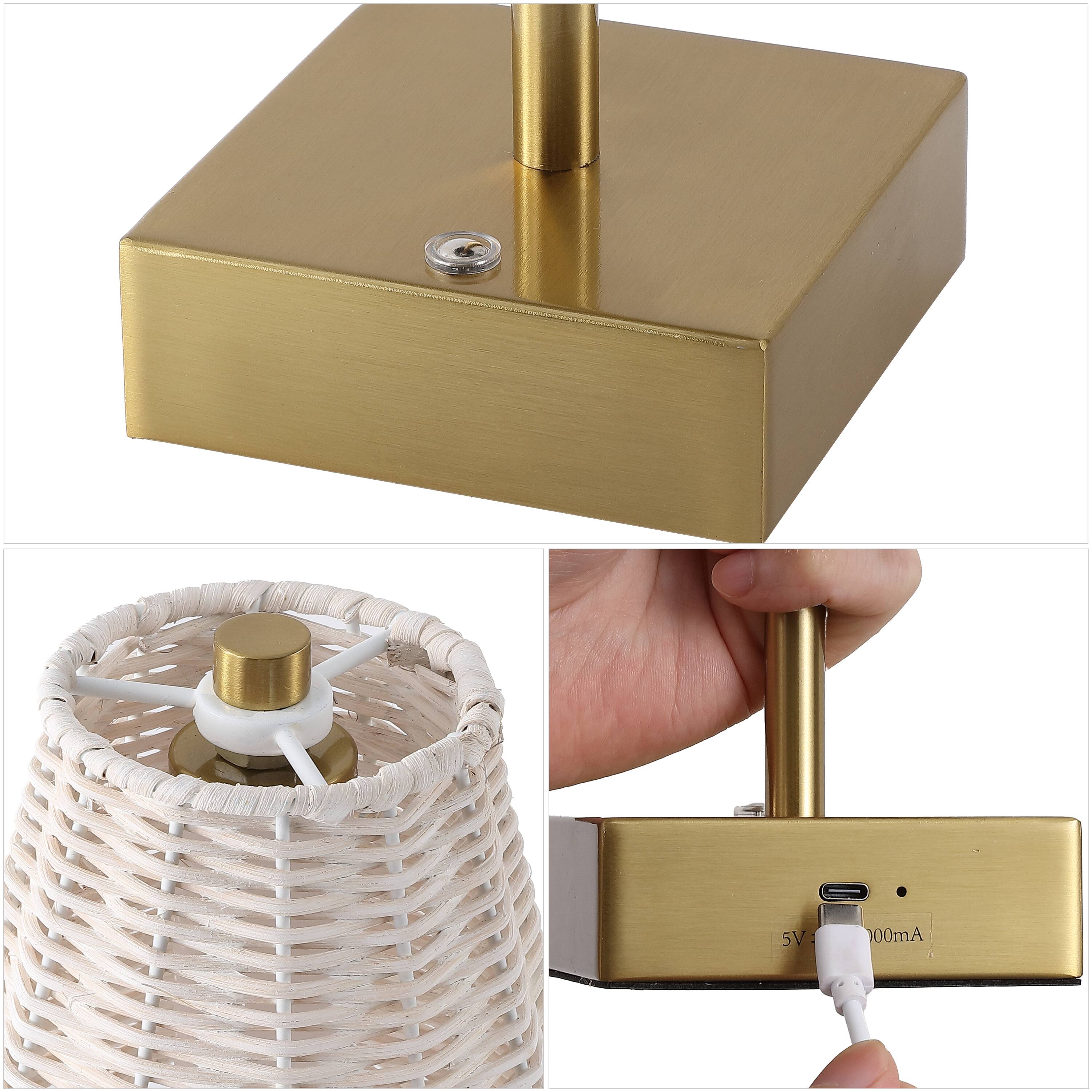 Alt View 4. Jonathan Y - Willow 11" Coastal Bohemian Cordless Rechargeable Table Lamp Set of 2, Brass Gold with White Rattan Shade, Touch Dimmer - Brass Gold.