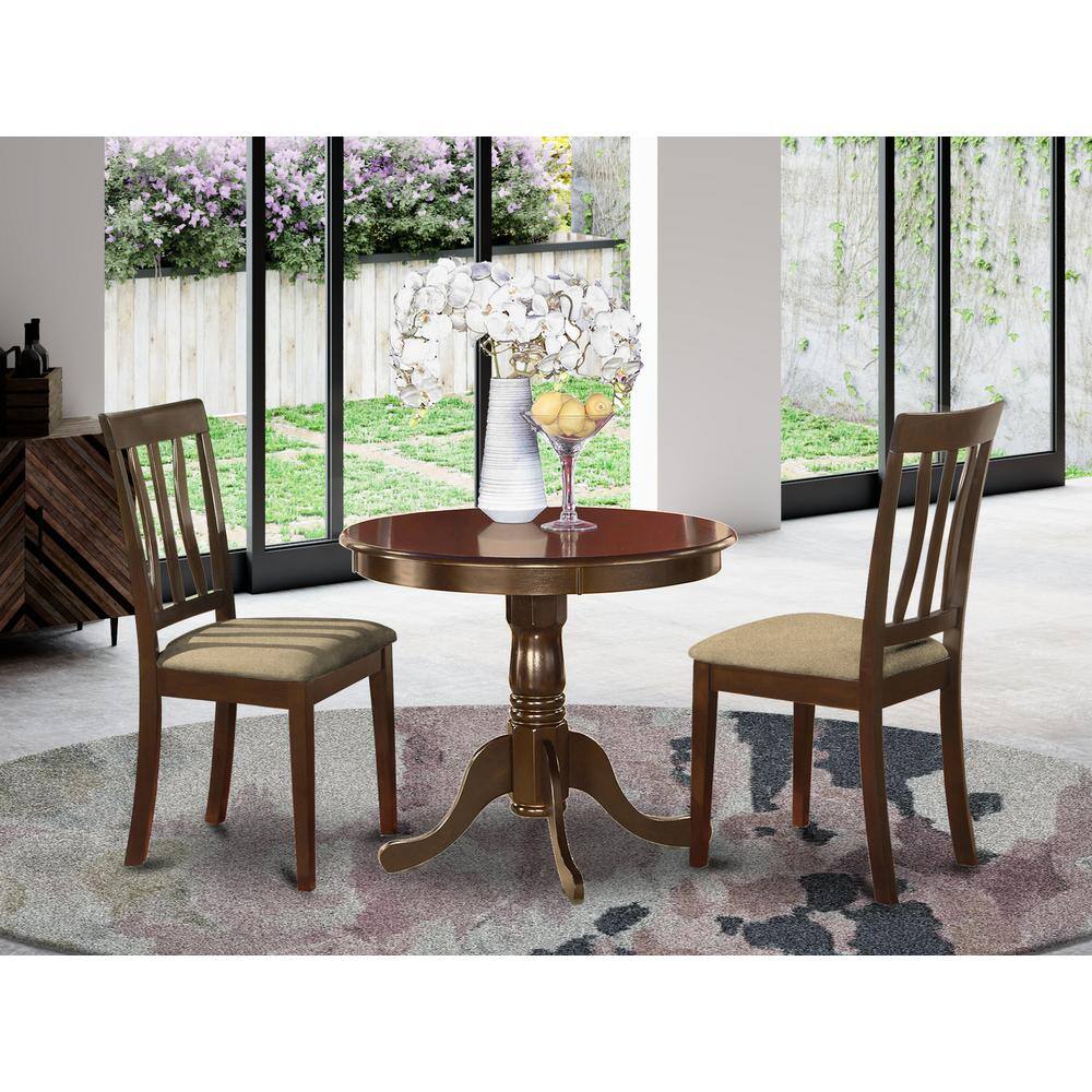Left. East West Furniture - ANTI3-CAP-C 3 PC small Kitchen Table and Chairs set-round Table plus 2 Kitchen Dining Chairs - Cappuccino.