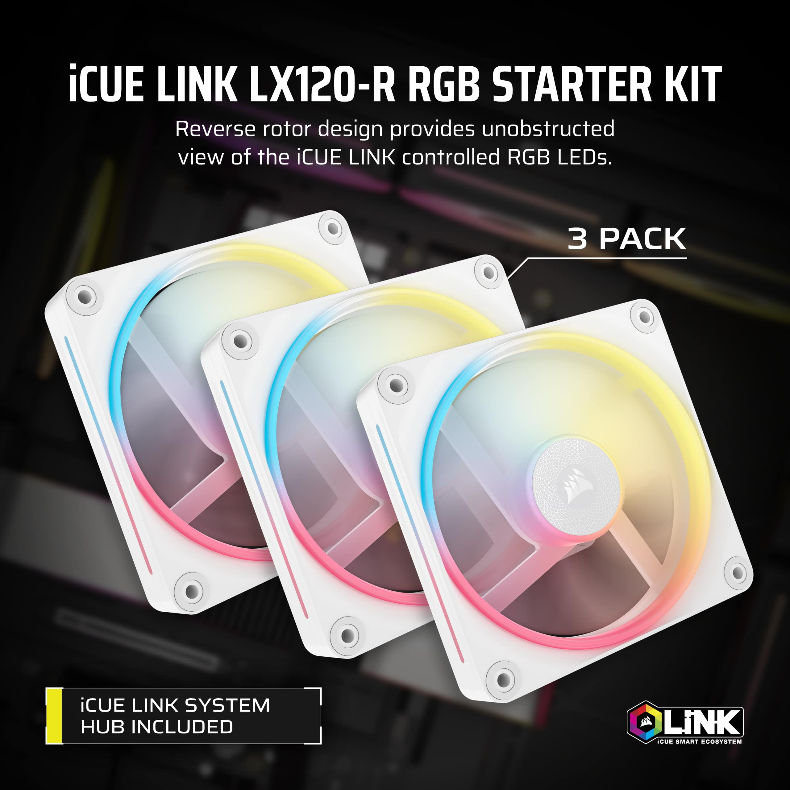 iCUE LINK LX120-R RGB STARTER KIT - Reverse rotor design provides unobstructed view of the iCUE LINK controlled RGB LEDs. 3 PACK iCUE LINK SYSTEM HUB INCLUDED - LiNK AUS COART ECOSTEM.