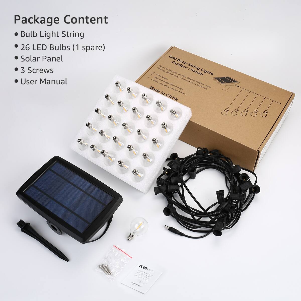 Alt View 7. Lepro - 25ft Solar/USB Rechargable Dusk-to-Dawn Outdoor String Lights, 26 LED G40 Bulbs, for Porch Backyard Pool Party Garden.