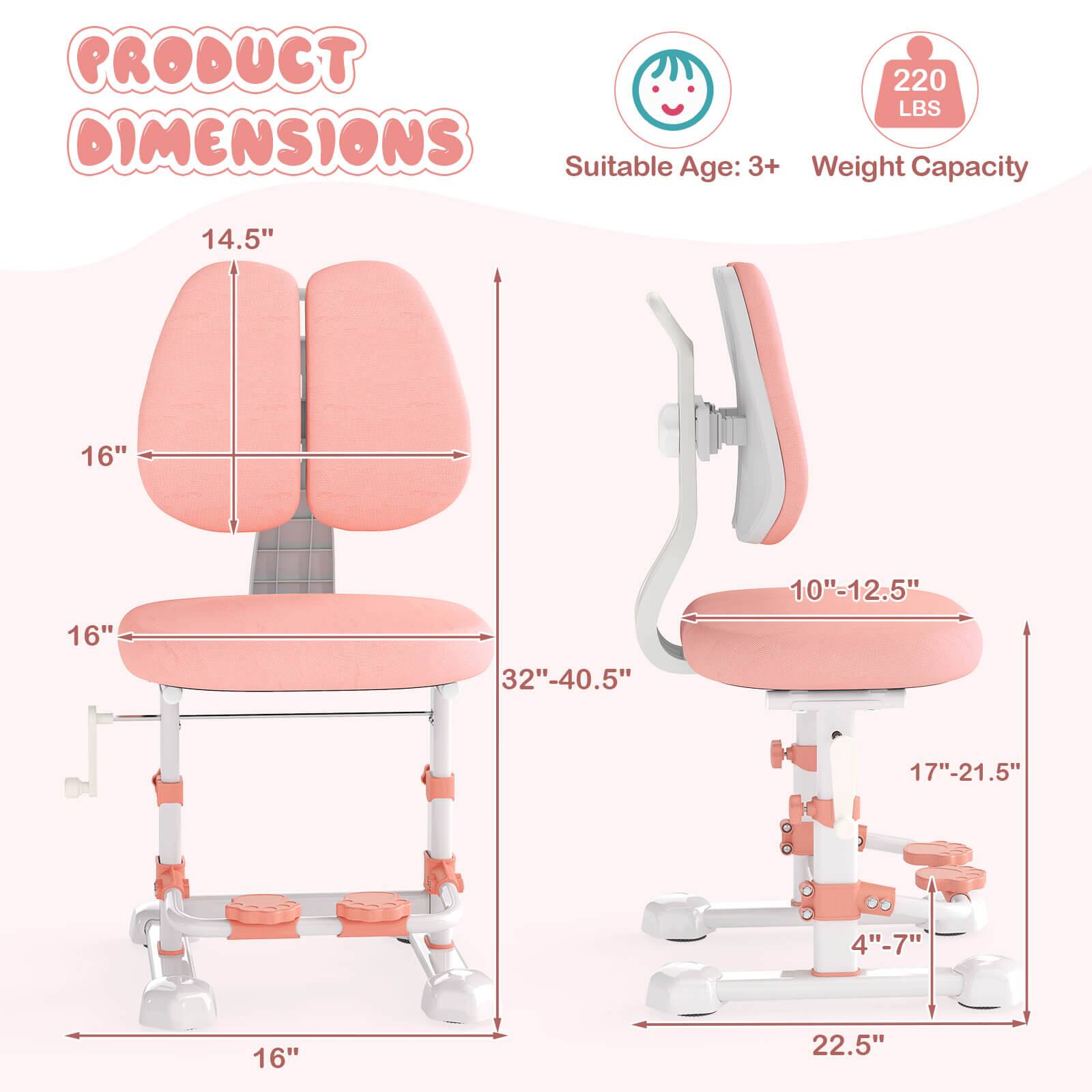**PRODUCT DIMENSIONS**

- **Suitable Age:** 3+
- **Weight Capacity:** 220 LBS

**Dimensions:**

- Seat Width: 16"
- Seat Depth: 16"
- Seat Height: 10"-12.5"
- Backrest Height: 14.5"
- Overall Height: 32"-40.5"
- Armrest Height: 17"-21.5"
- Base Width: 16"
- Base Depth: 22.5"
- Base Height: 4"-7"