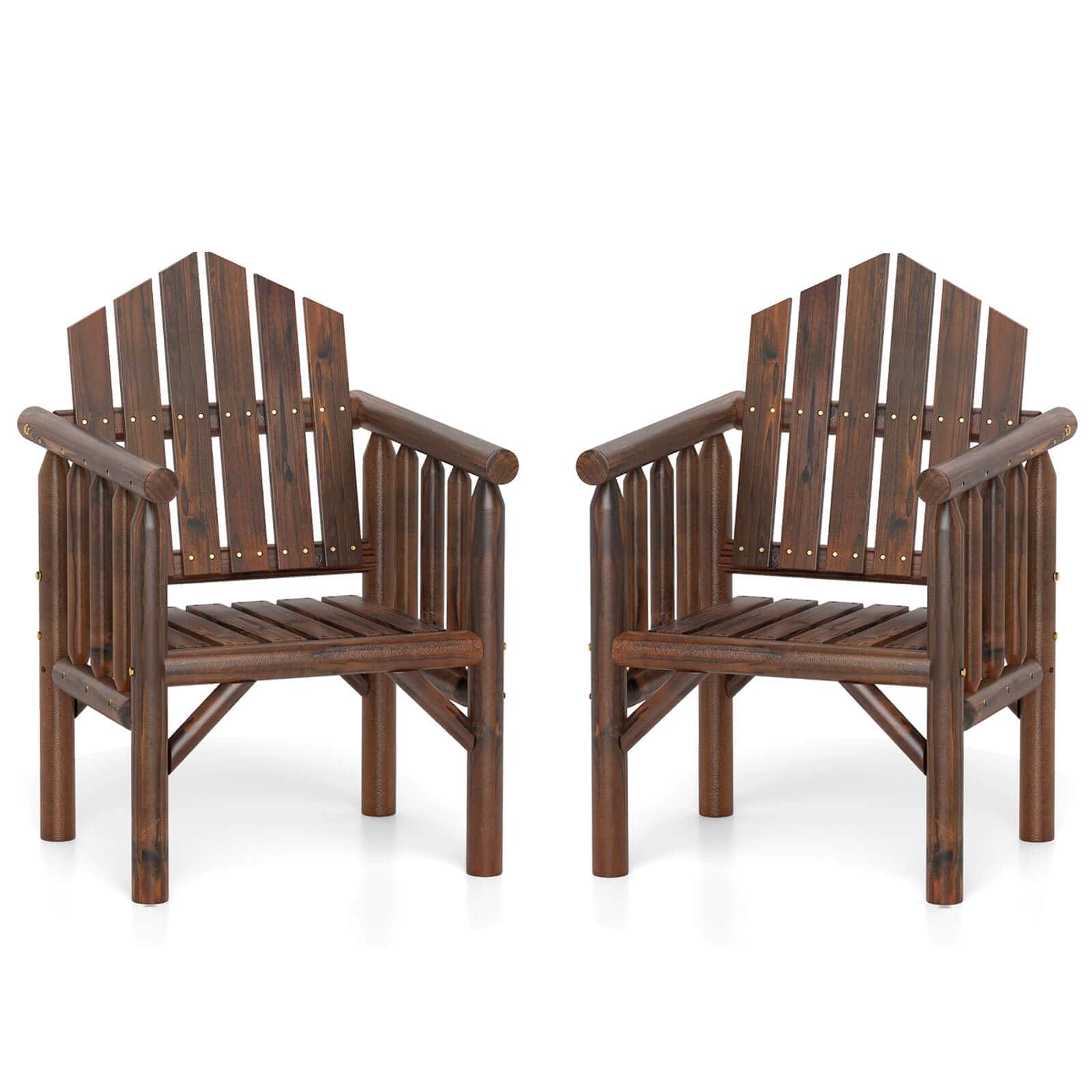 Costway - 2 PCS Outdoor Wood Armchair with Armrests and Reclined High Backrest for Porch - Brown
