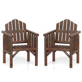 Costway - 2 PCS Outdoor Wood Armchair with Armrests and Reclined High Backrest for Porch - Brown