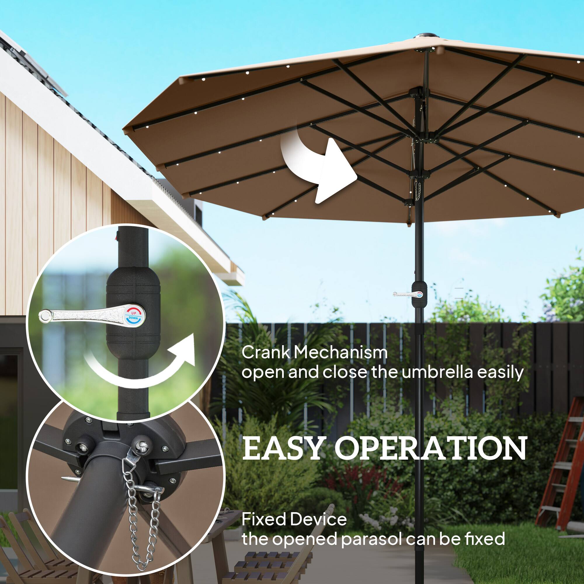 Crank Mechanism open and close the umbrella easily, EASY OPERATION, Fixed Device the opened parasol can be fixed.