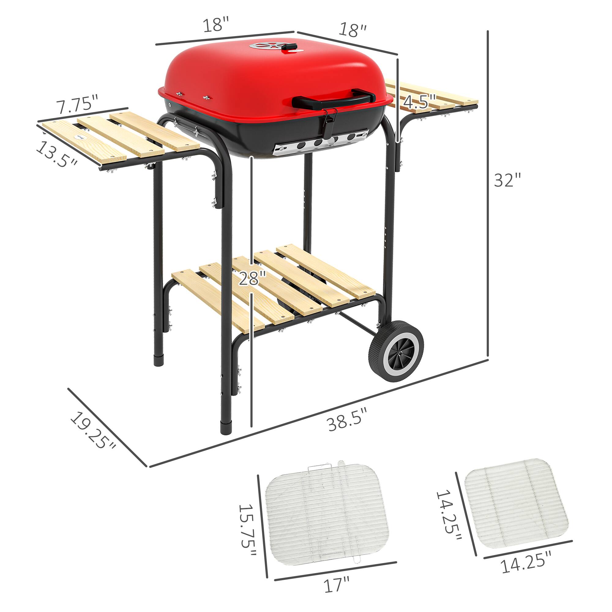 - 18" (width of the grill)
- 18" (width of the grill lid)
- 7.75" (height of the side shelf)
- 13.5" (depth of the side shelf)
- 4.5" (height of the front shelf)
- 32" (height of the grill)
- 28" (depth of the lower shelf)
- 19.25" (width of the lower shelf)
- 15.75" (depth of the lower shelf)
- 38.5" (width of the grill with side shelves)
- 17" (depth of the grill with side shelves)
- 14.25" (width of the grill with side shelves)
- 14.25" (width of the grill with side shelves)