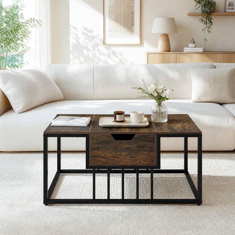 Left. WELLFOR - Modern Lift Top Coffee Table with Hidden Compartment, Rectangle Center Table for Living Room - Rustic Brown.