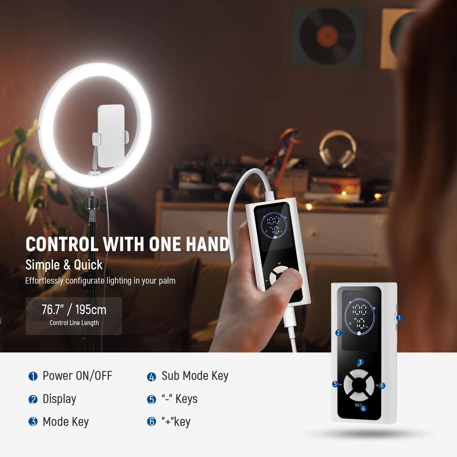 CONTROL WITH ONE HAND  
Simple & Quick  
Effortlessly configure lighting in your palm  

76.7" / 195cm  
Control Line Length  

1. Power ON/OFF  
2. Display  
3. Mode Key  
4. Sub Mode Key  
5. "-" Keys  
6. "+" Key  
7. SET