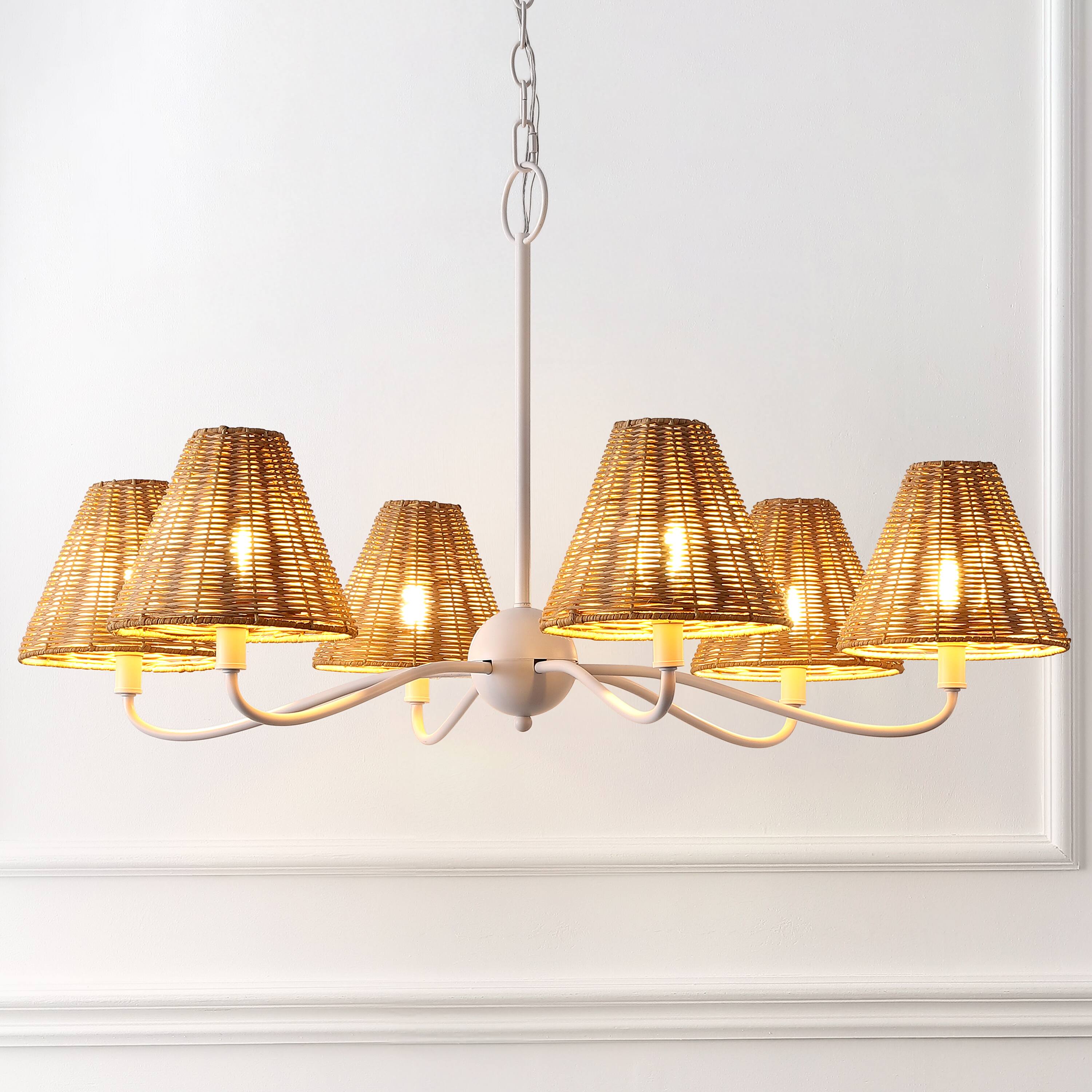 Alt View 1. Jonathan Y - Grady 35" 6-Light Grand Adjustable Swooping Arm Metal with Hand-Woven Rattan Shades LED Chandelier, White/Brown - White.