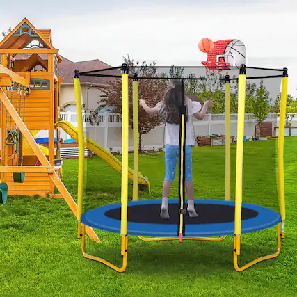 Front. Whisen - 5.5FT Outdoor Trampoline for Kids with Safety Enclosure,Basketball Hoop and Ball - Yellow.